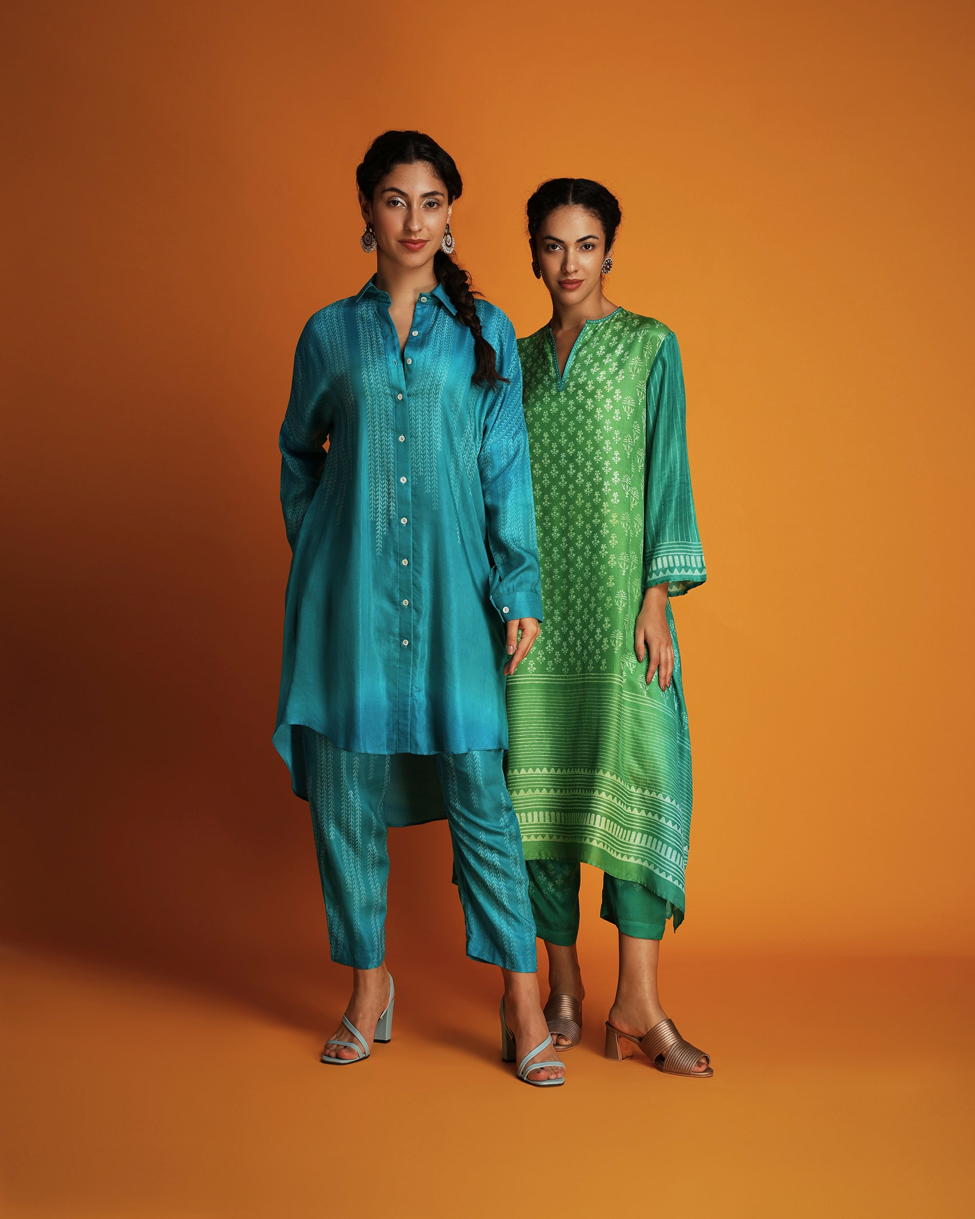 Green ombre block printed tunic set