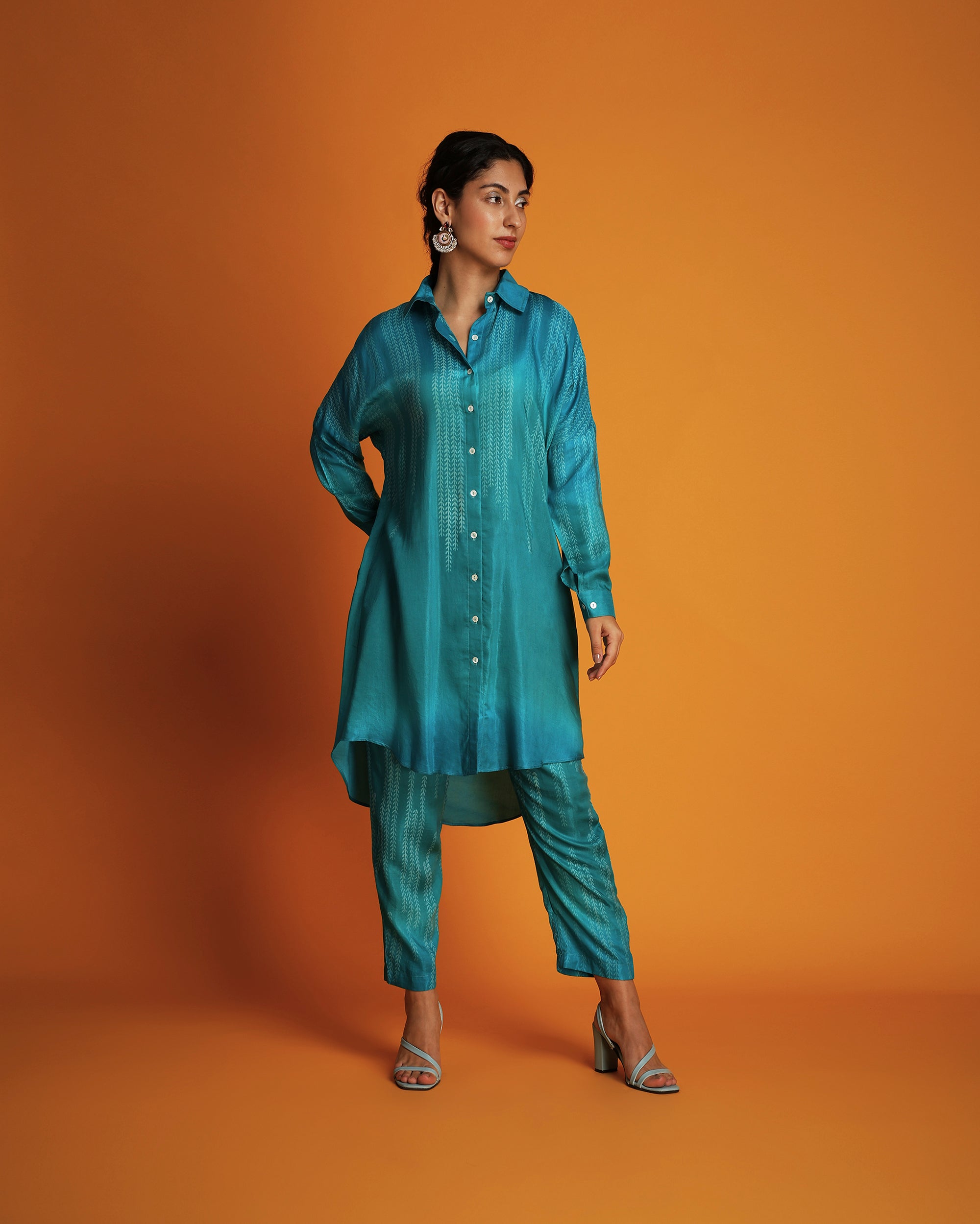 Turq ombre block printed shirt tunic set