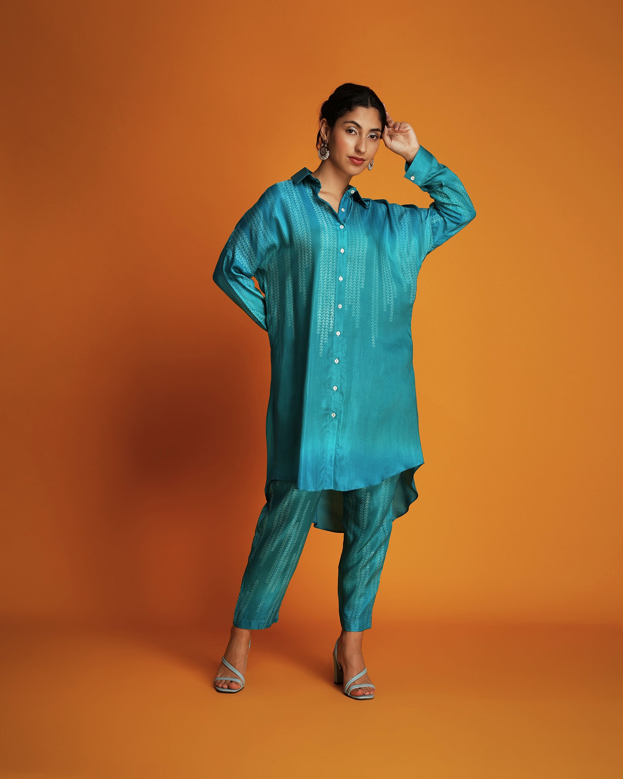 Turq ombre block printed shirt tunic set