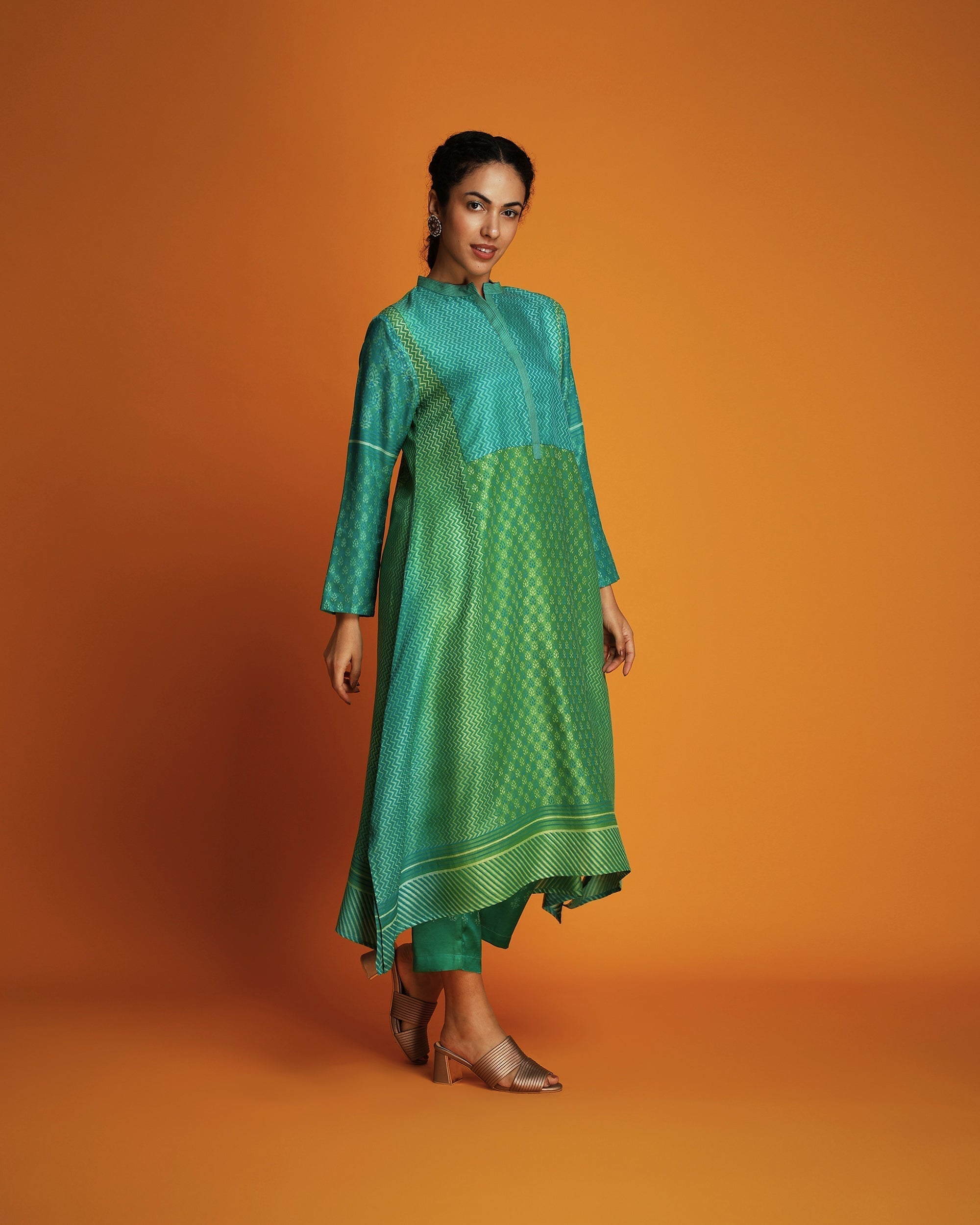 Green ombre block printed tunic set
