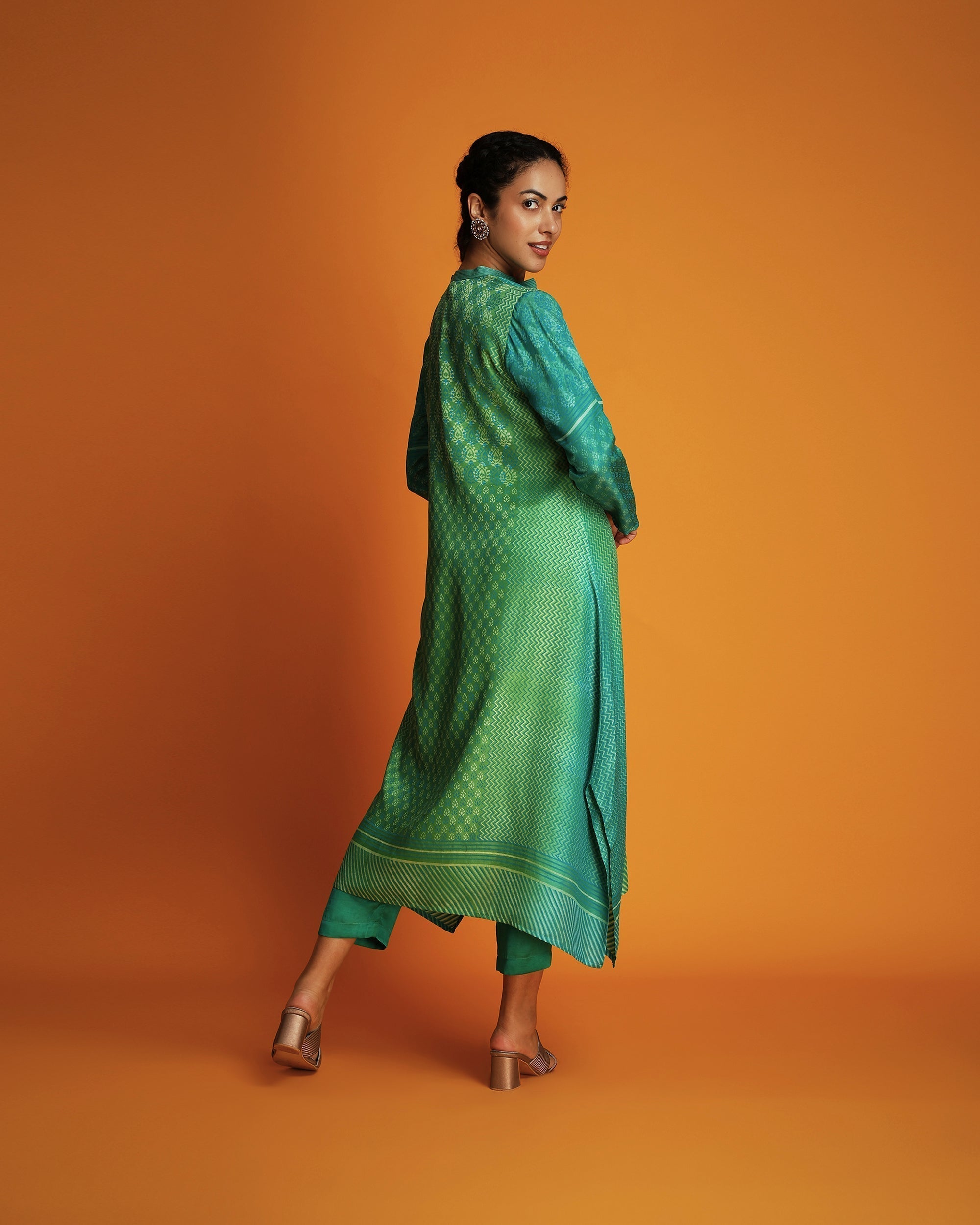 Green ombre block printed tunic set