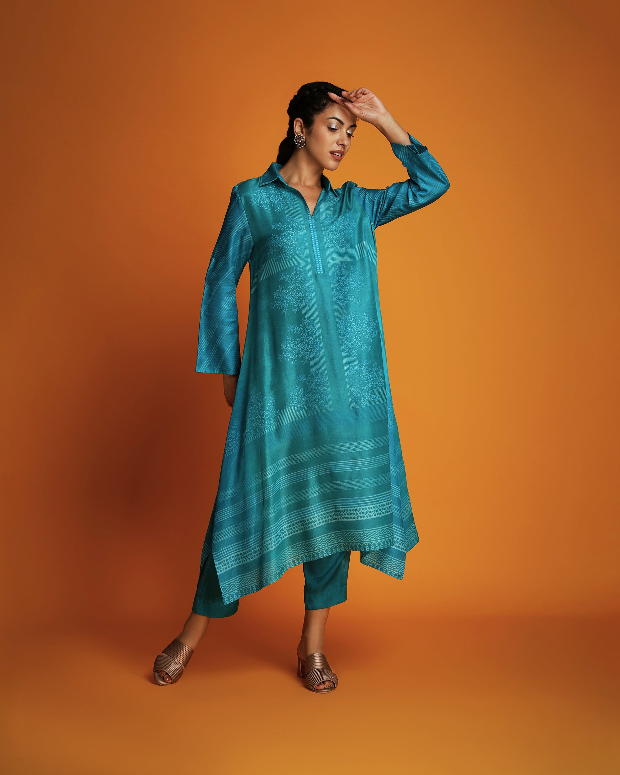 Turq ombre block printed shirt tunic set