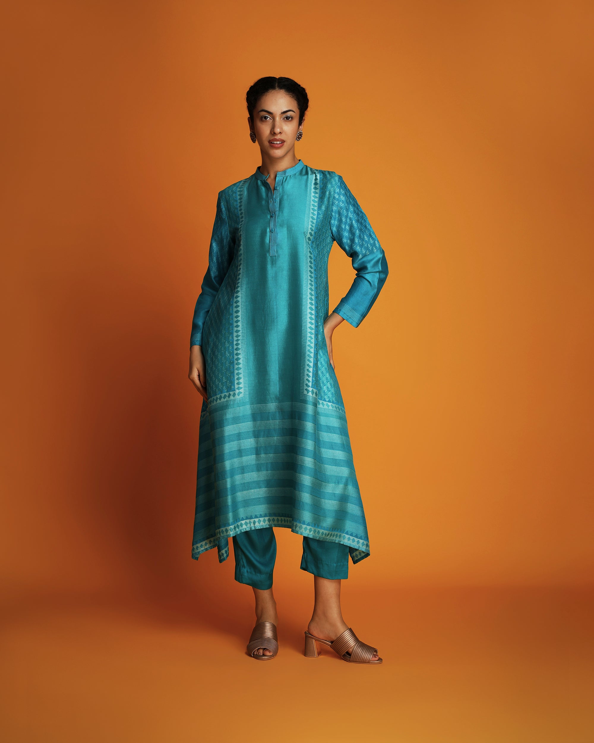 Turq ombre block printed tunic set