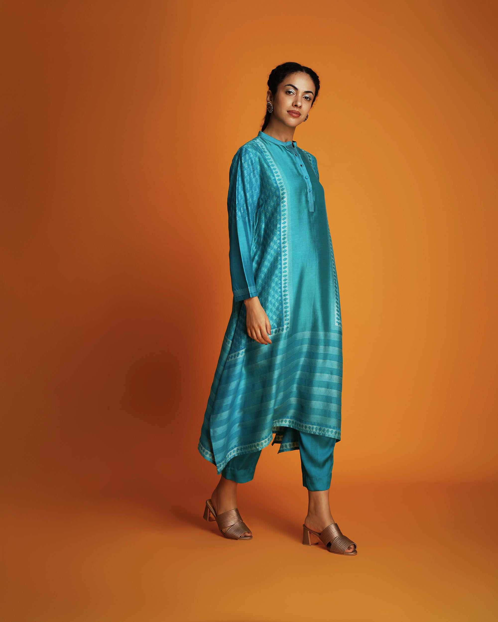 Turq ombre block printed tunic set