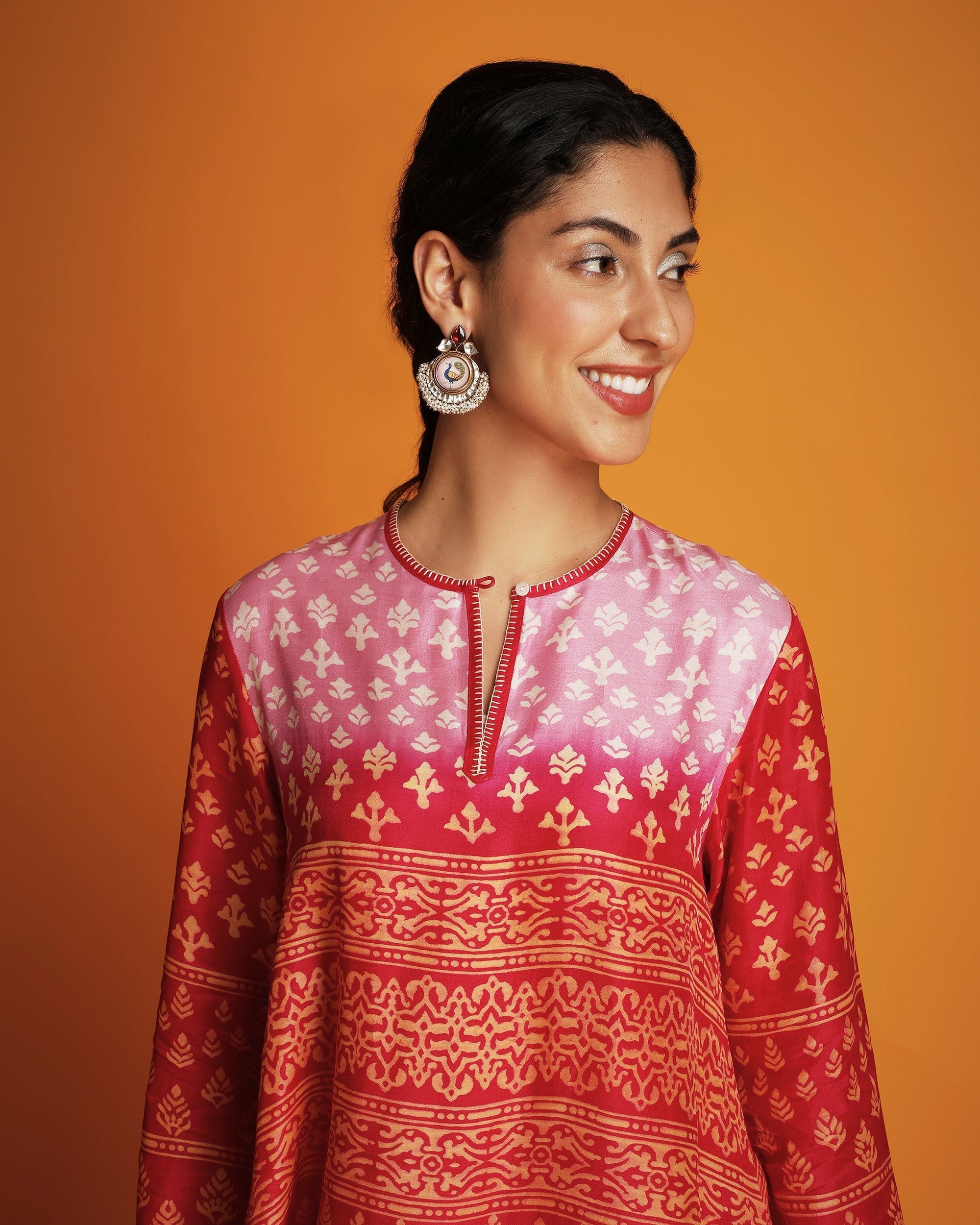 Pink to red ombre block printed tunic set