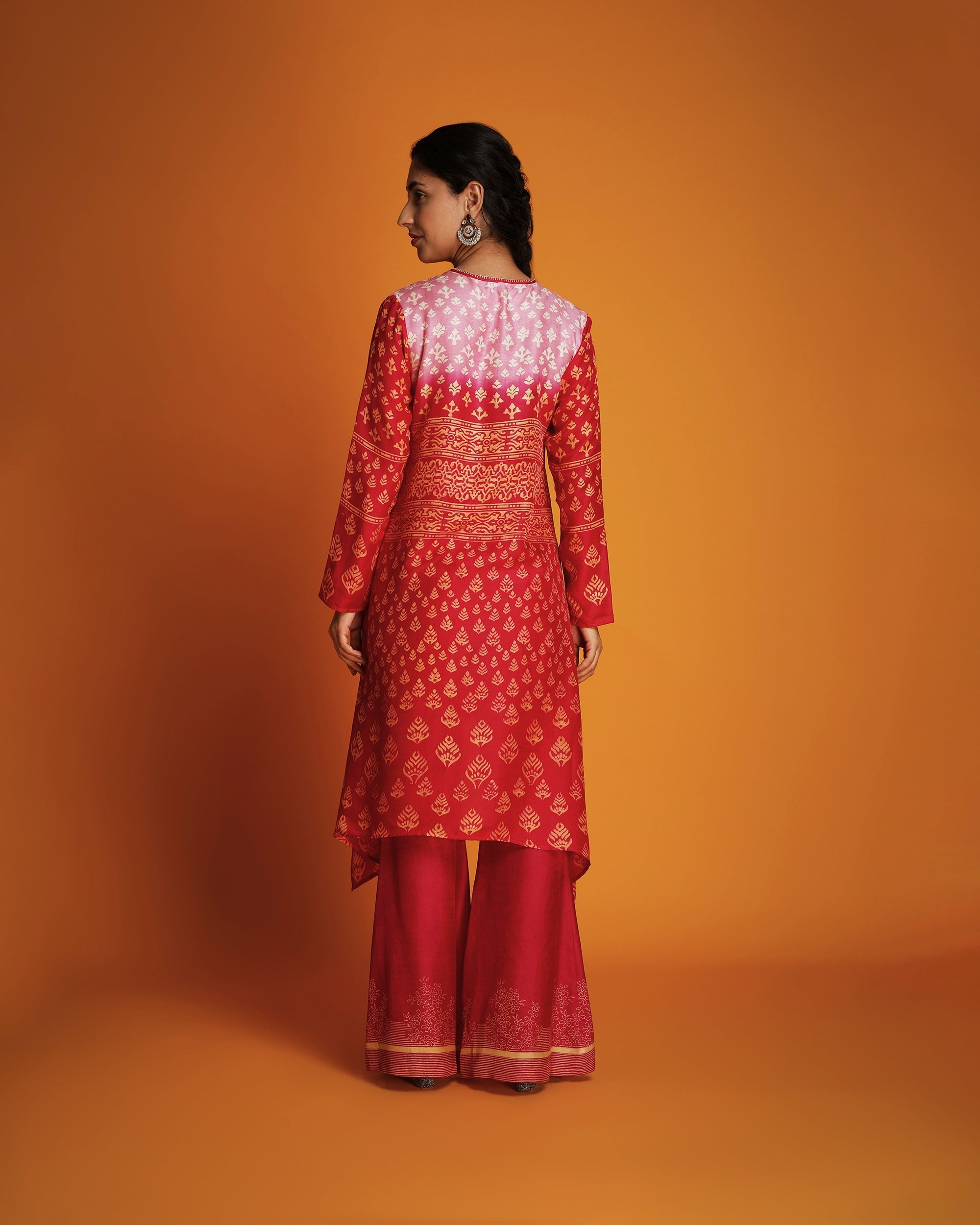 Pink to red ombre block printed tunic set