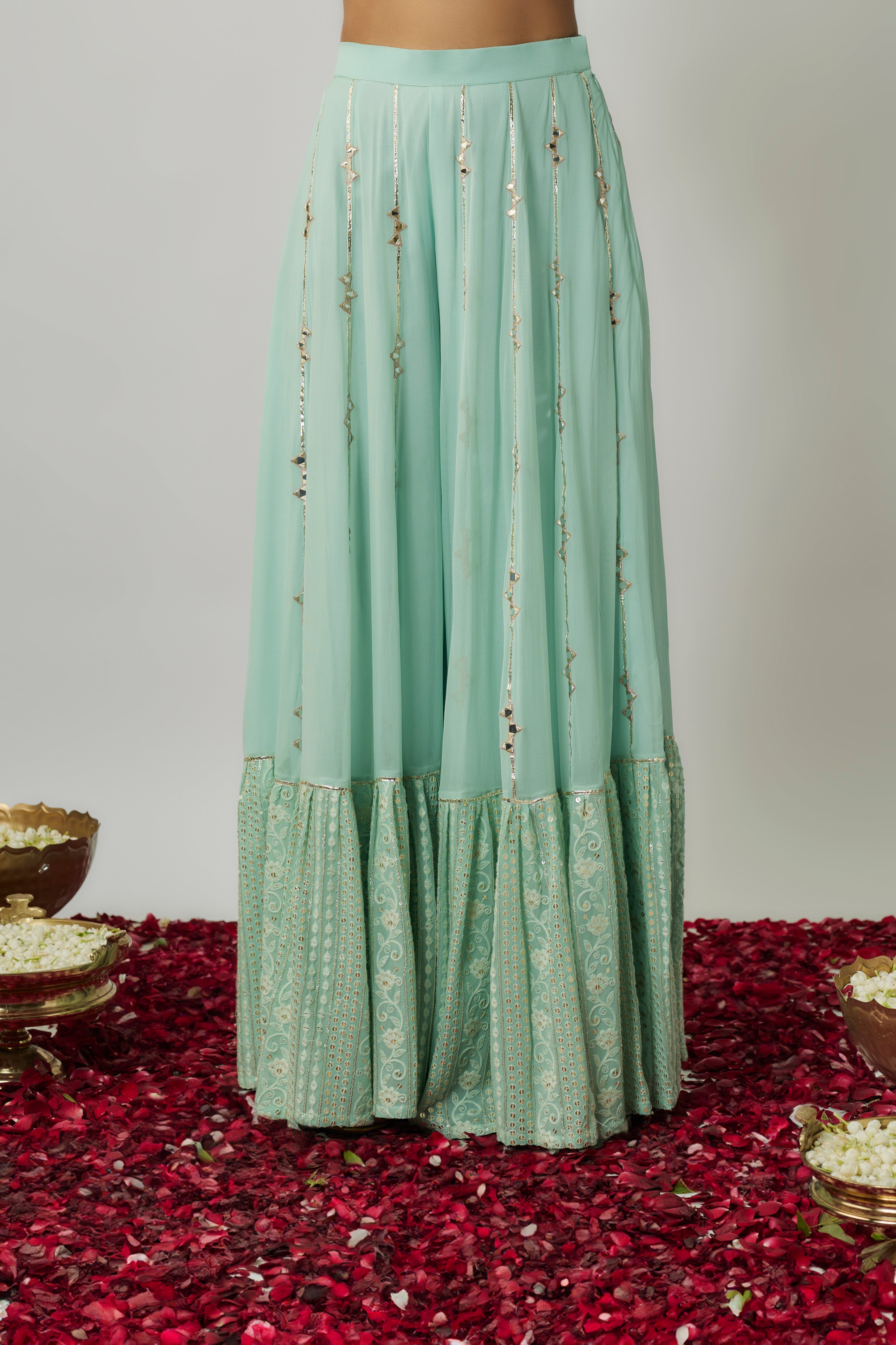 Mint sequin, mirror and thread embroidered georgette kaftan and sharara set