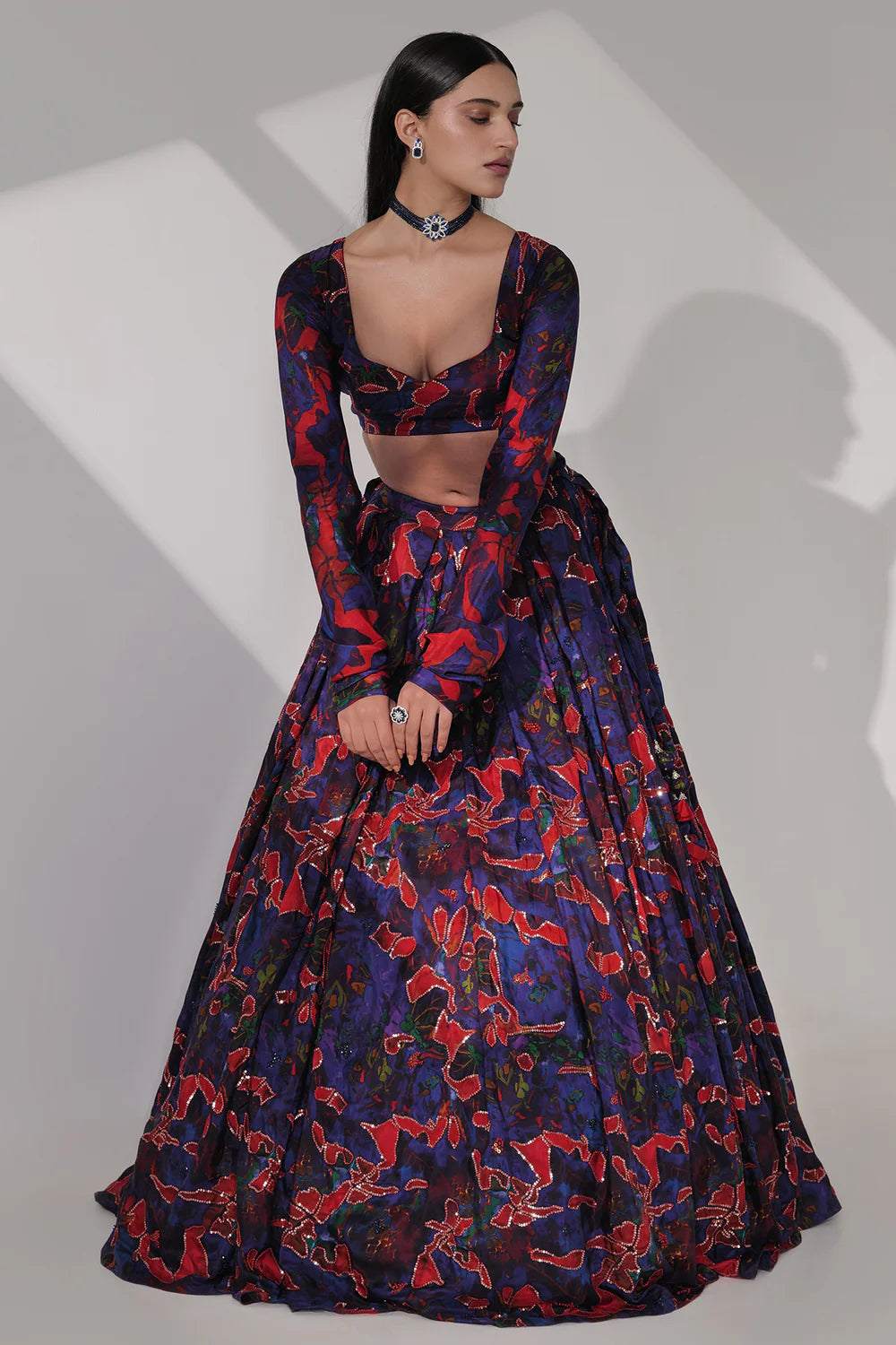 Habutai Silk Printed Lehenga & Blouse with Knotting Embroidery