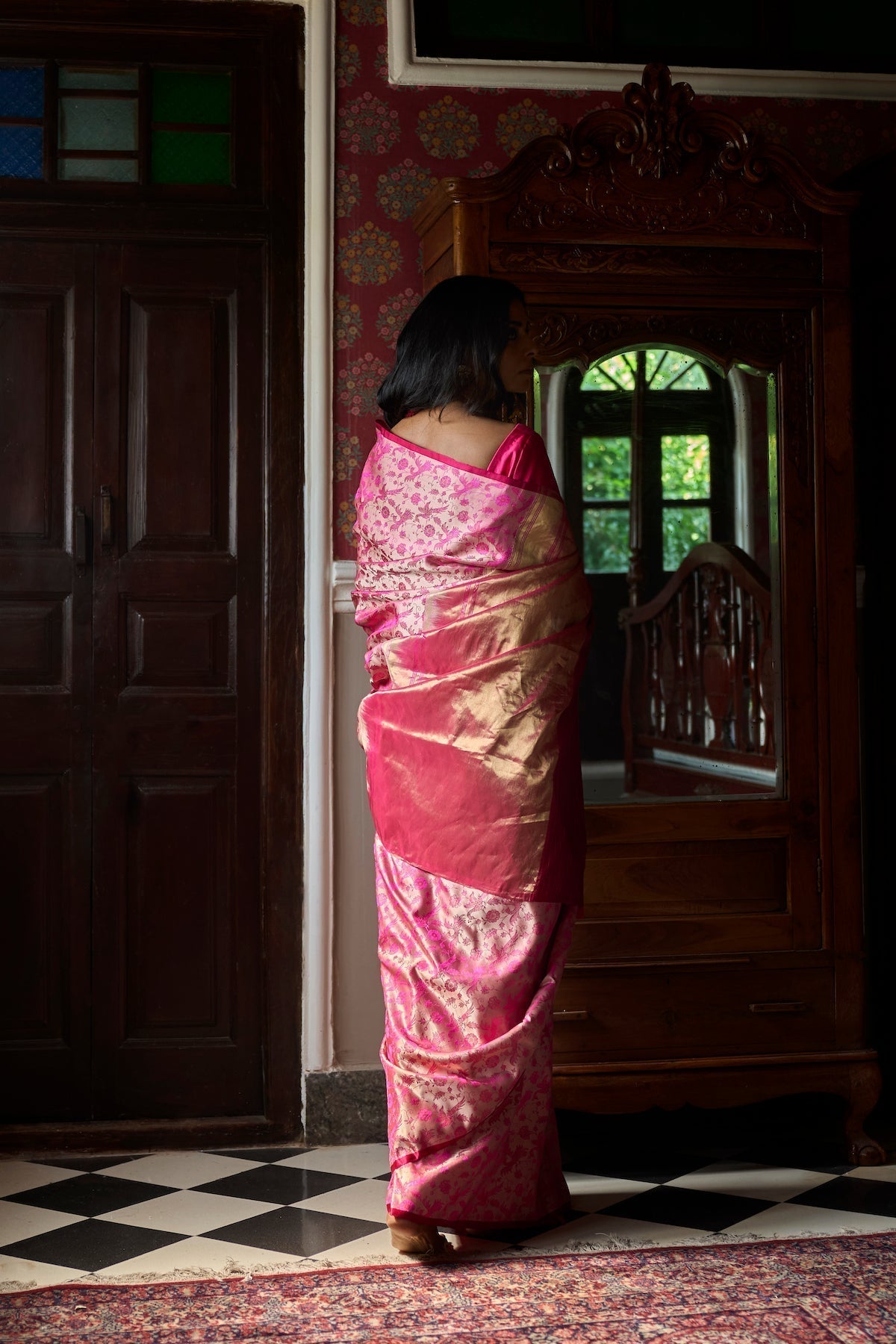 'Natkhat Chiraiya' Gulabi Tanchoi Benarasi Handloom Sari