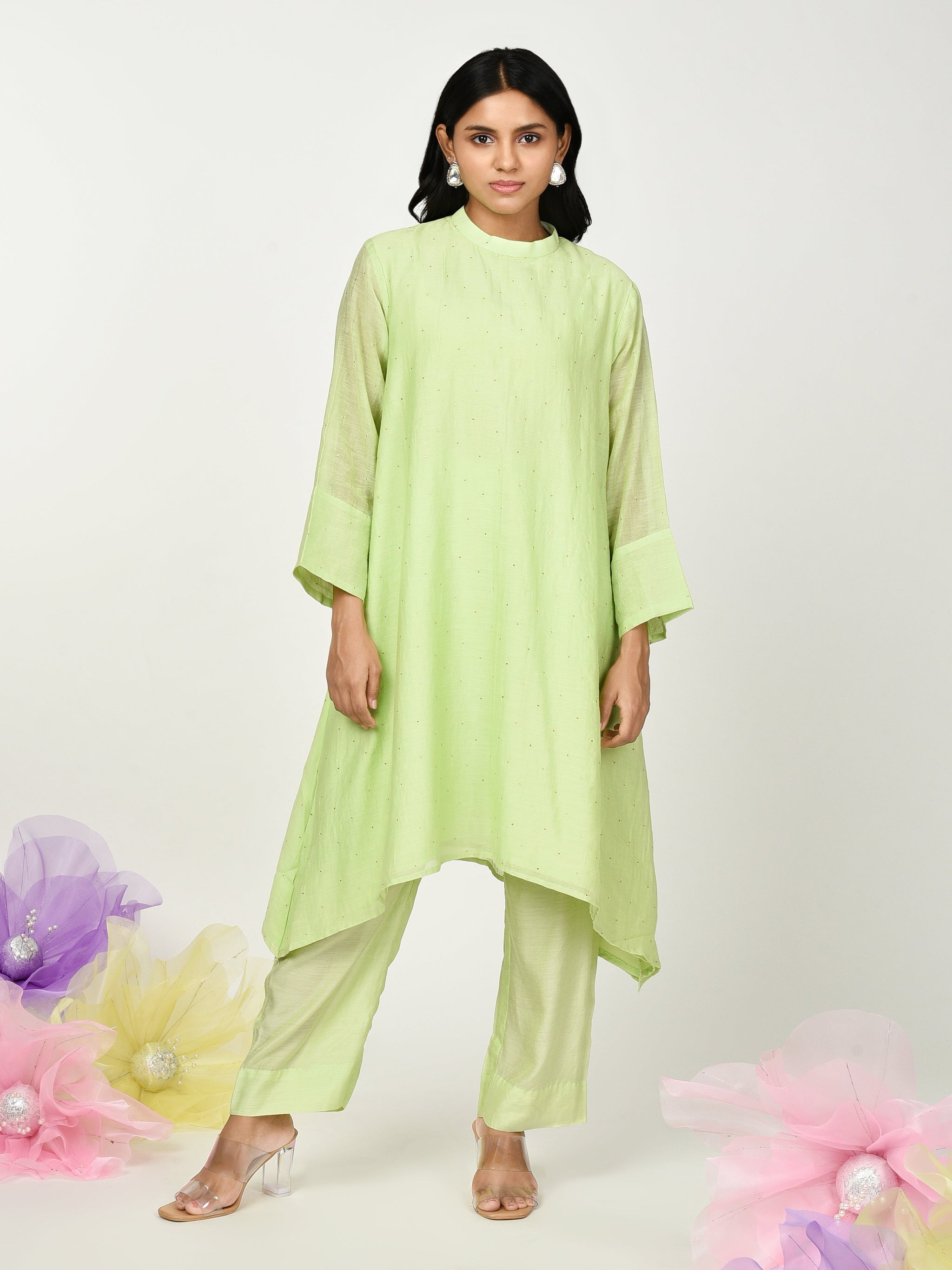 Green Printed 3/4Th Sleeve A-Line Kurta With Side Cut