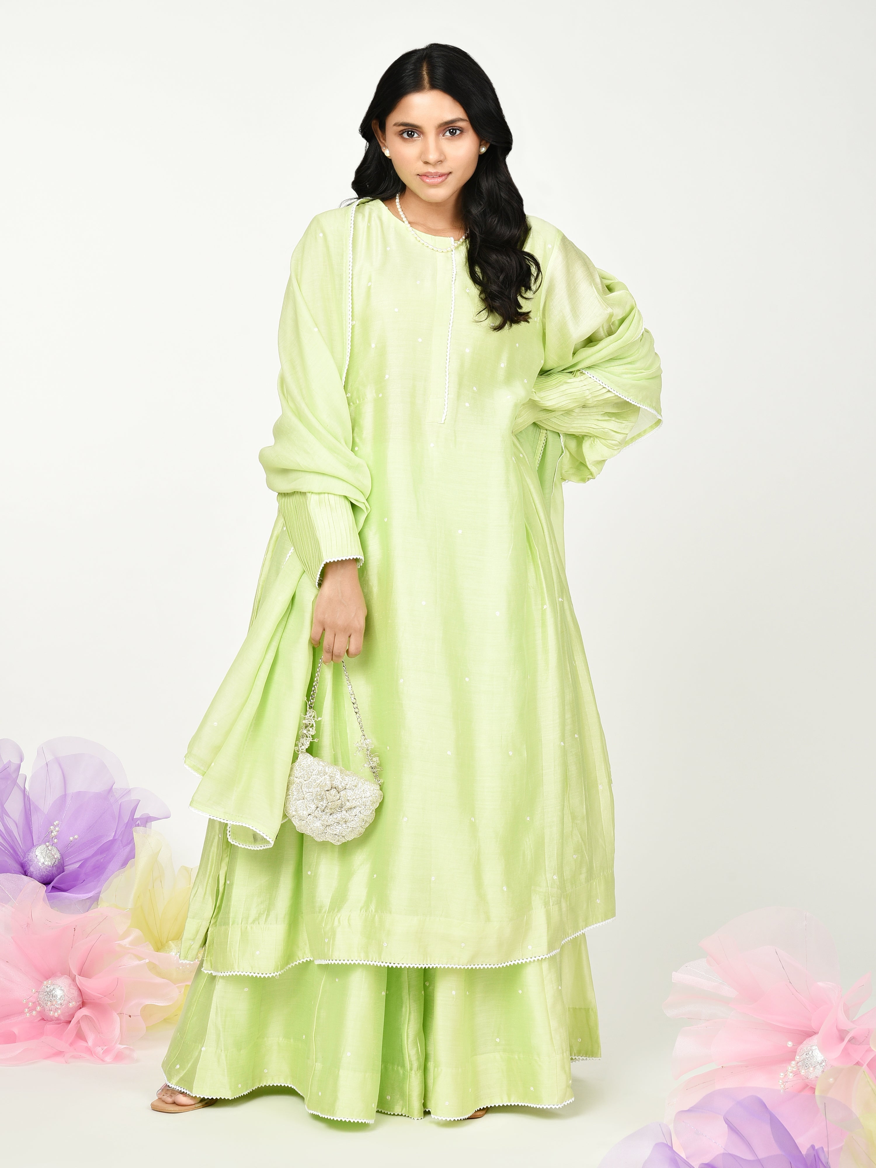 Green Pleated Kurta Set