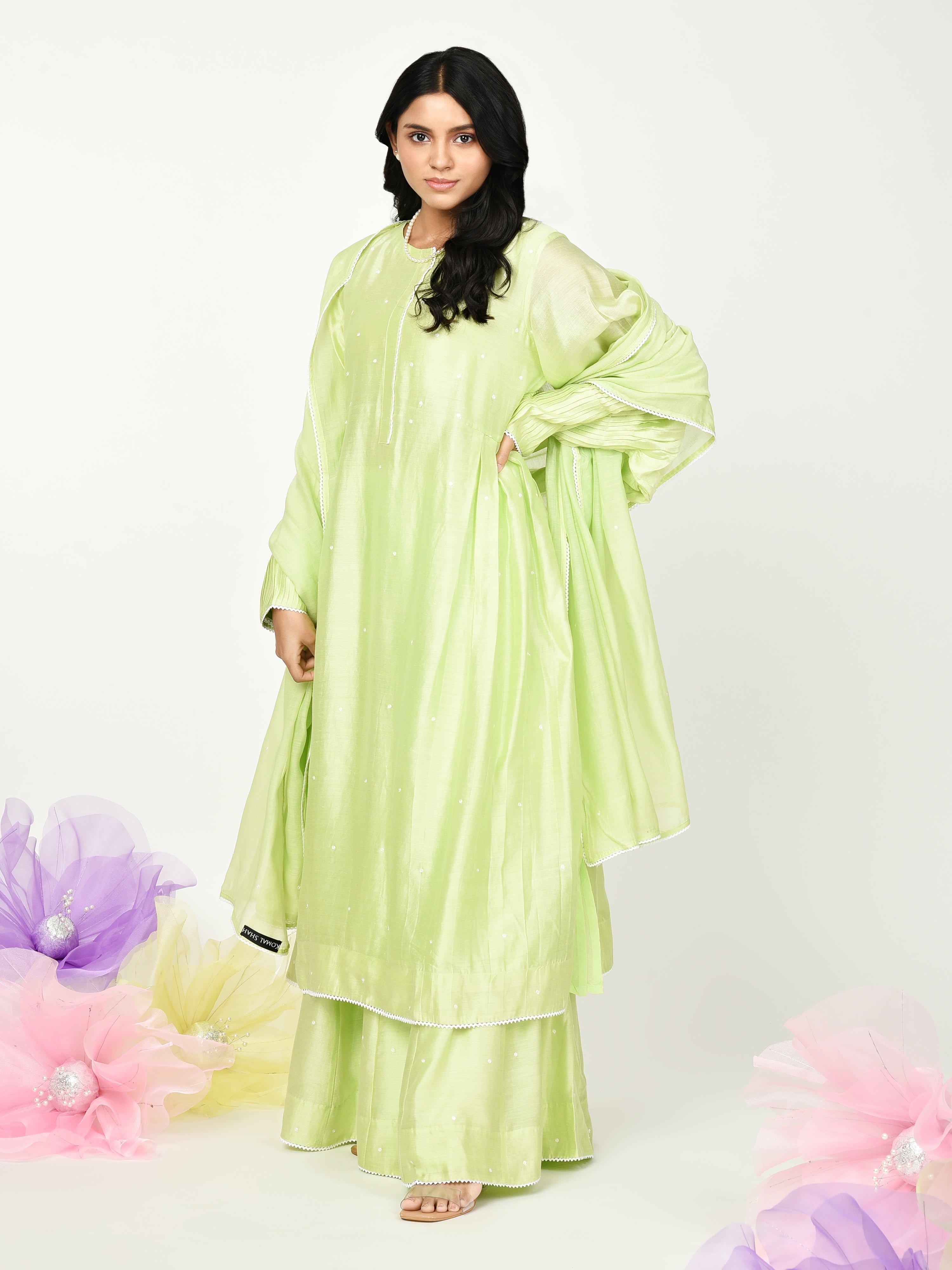 Green Pleated Kurta Set