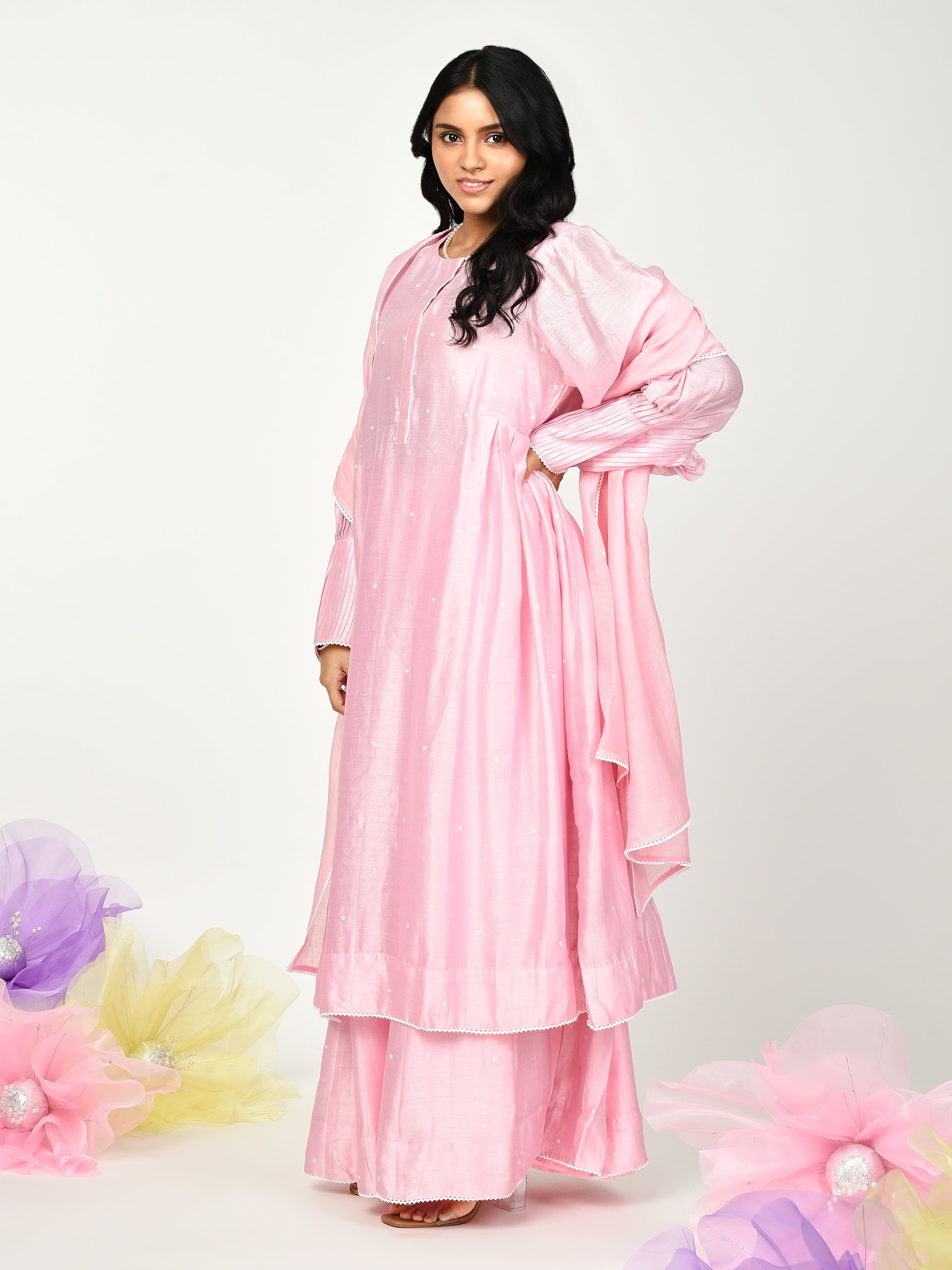 Pink Pleated Kurta Set