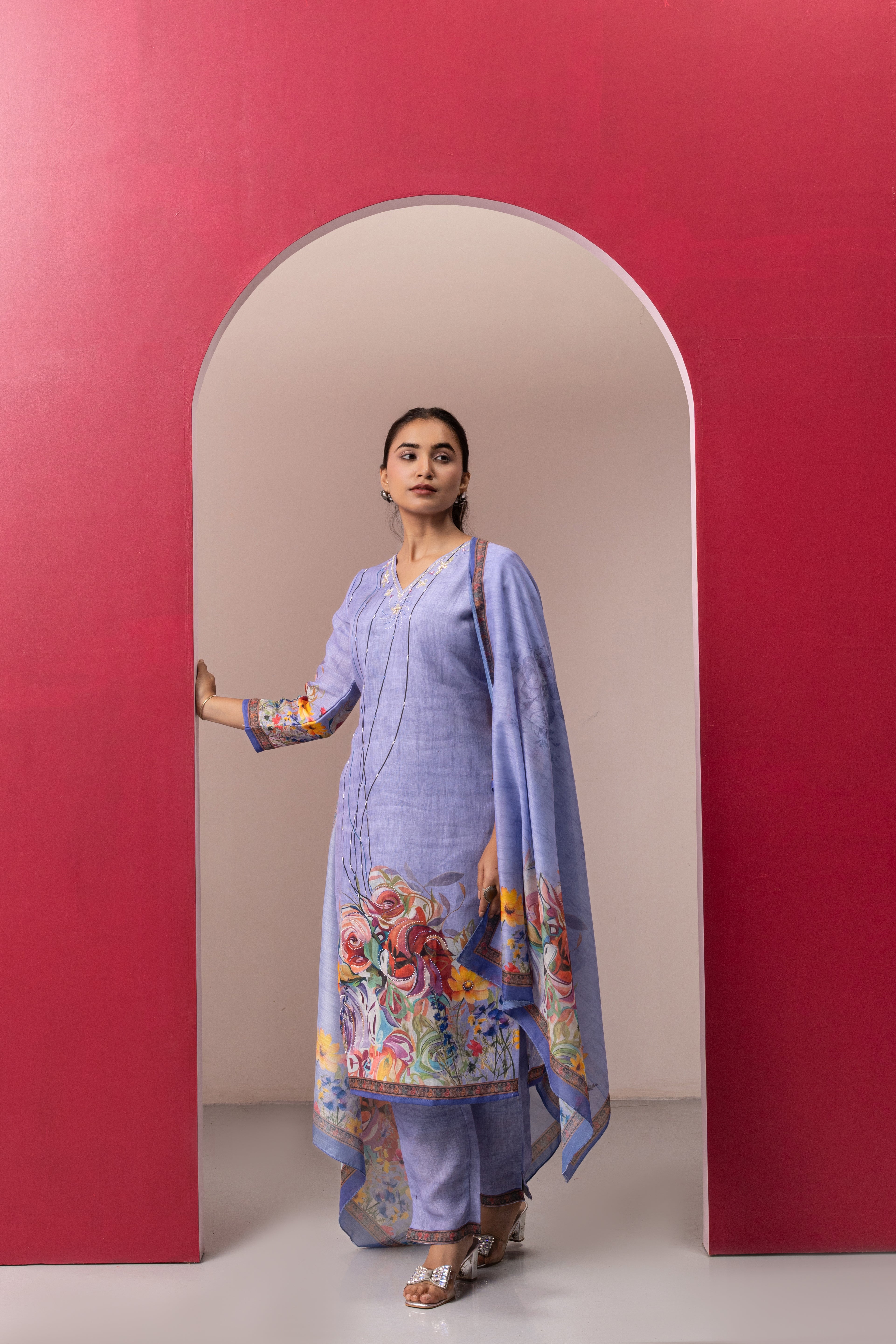 LILAC PRINTED COTTON LINEN KURTA SET