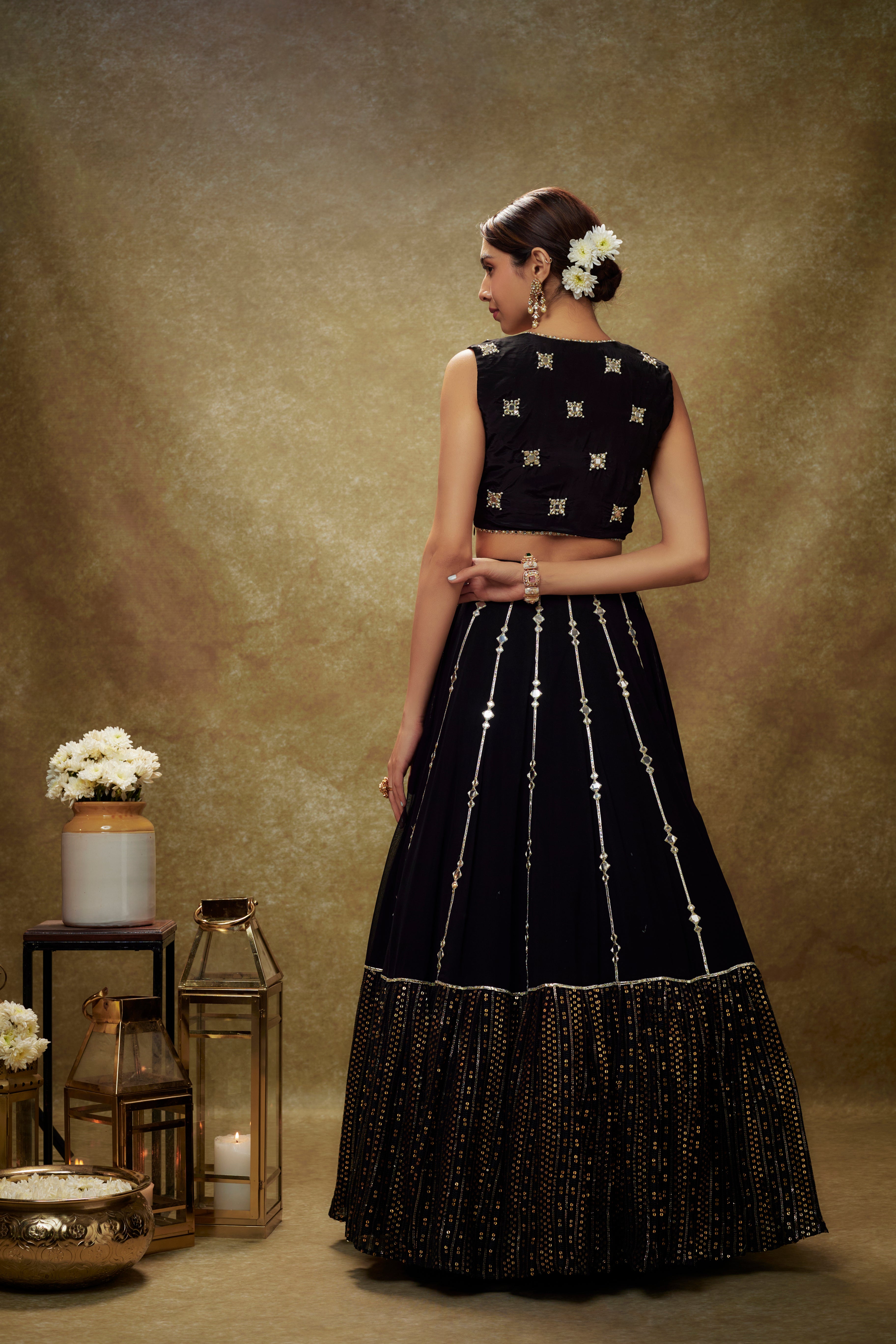 Black mirror work sequin lehenga set