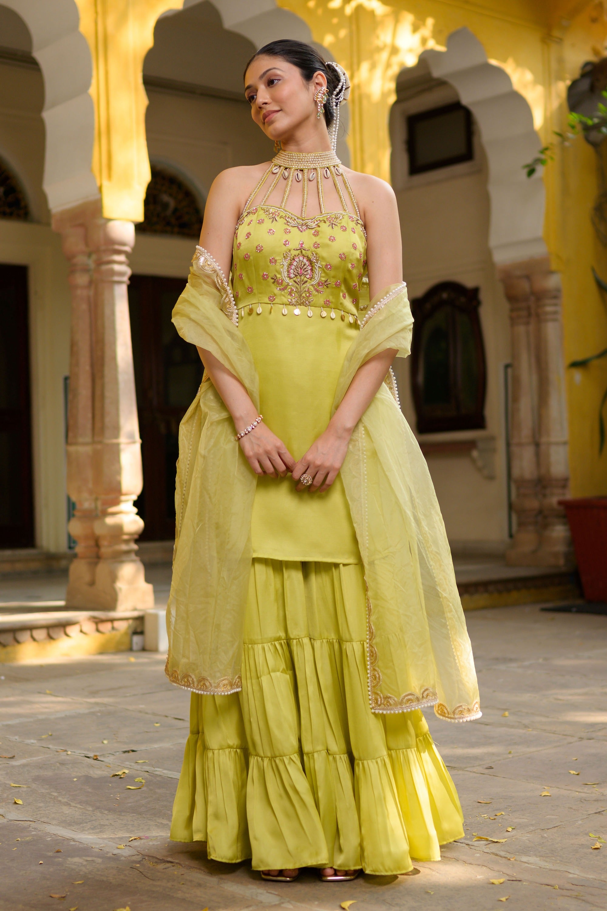 Neon Green Halter Neck Sharara Set