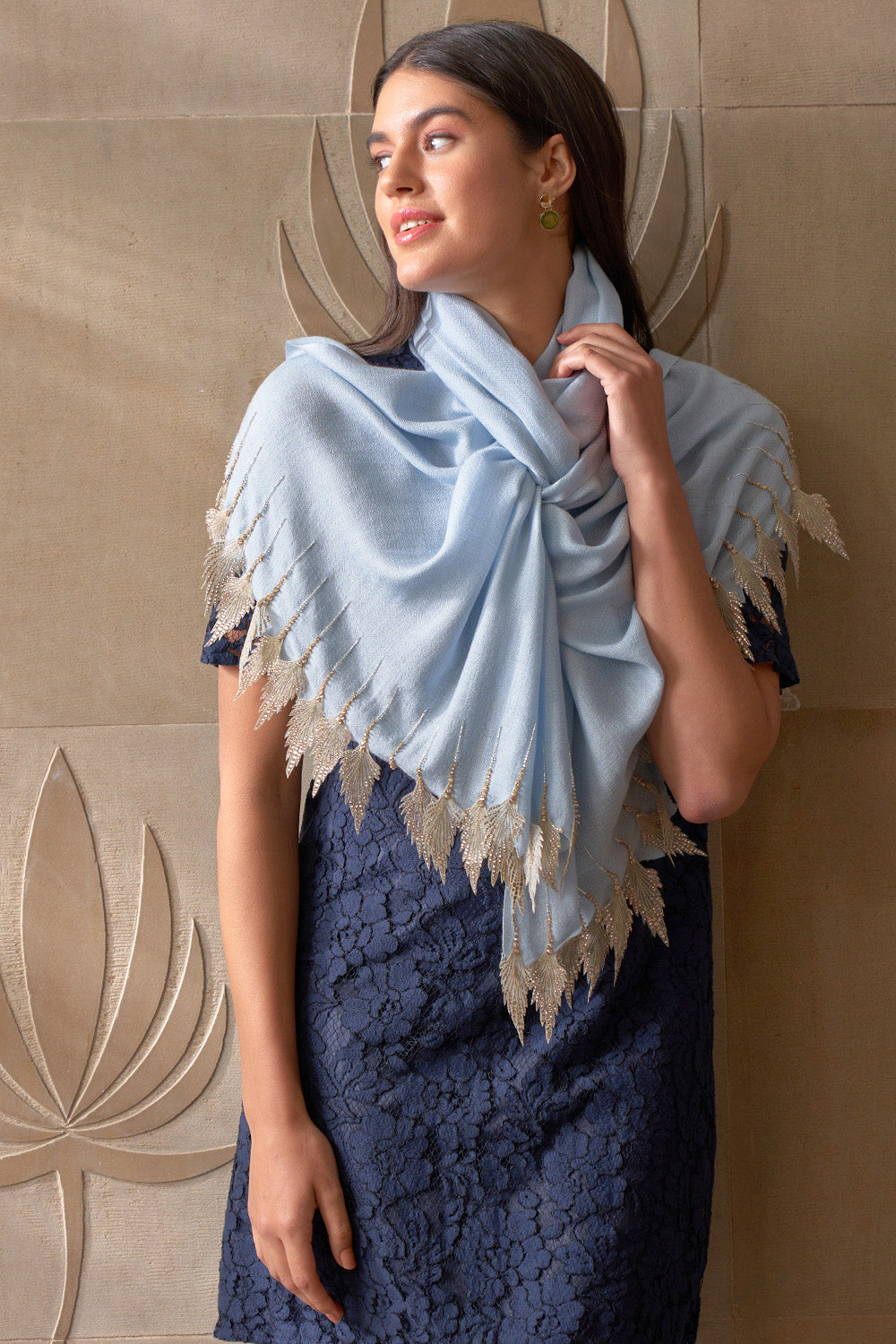 Leafy Sparkle Royal | Embroidered Fine Merino Wool Stole