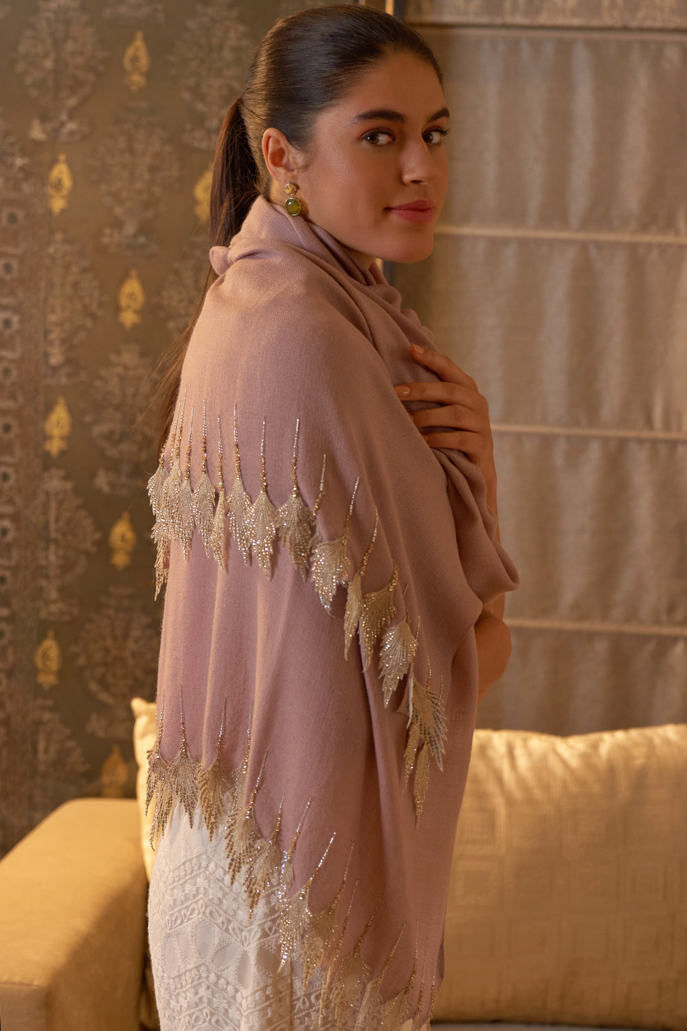 Leafy Sparkle | Embroidered Wool Silk Stole