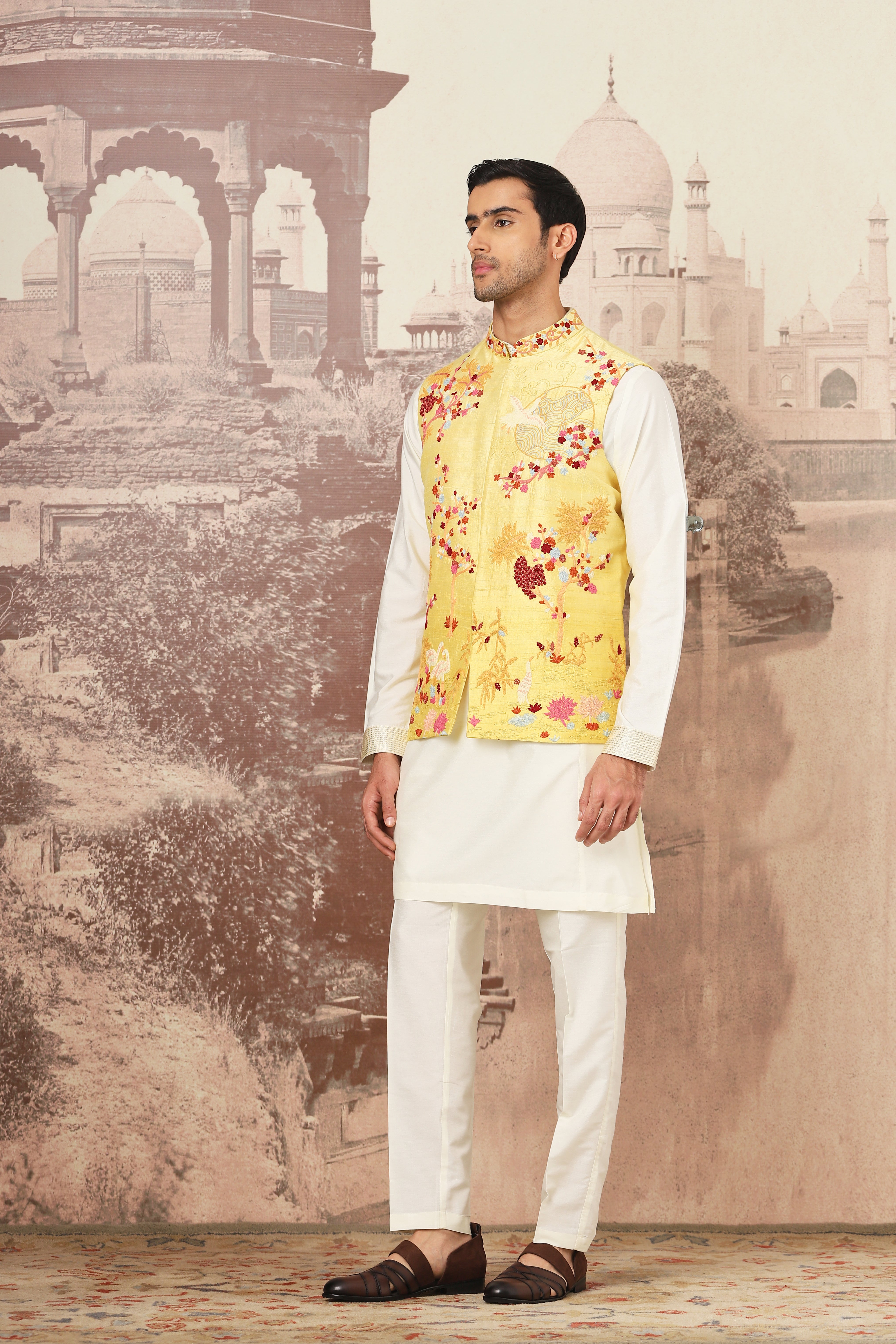 The Golden Canary Raw Silk Embroidered Kurta Bundi Set