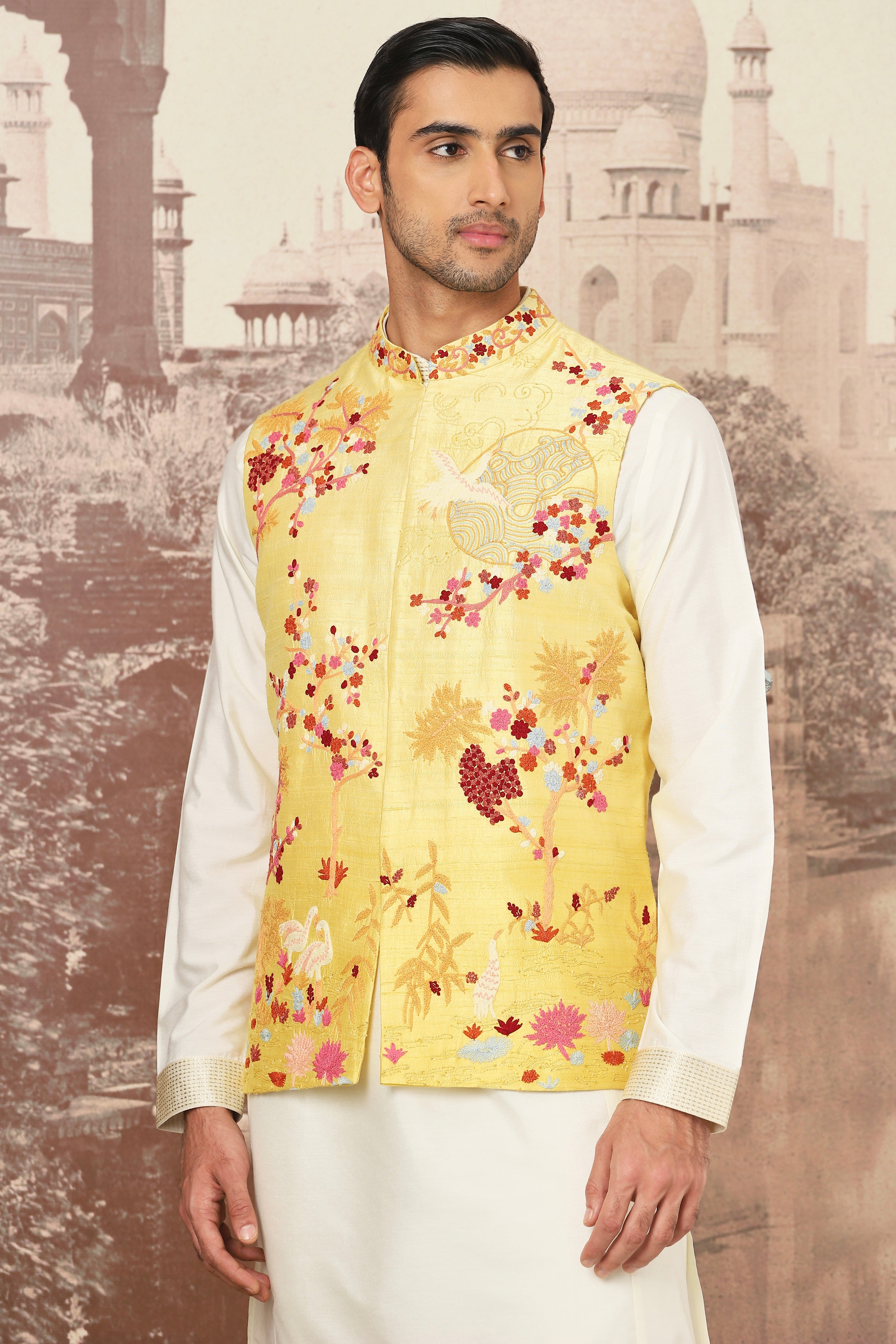 The Golden Canary Raw Silk Embroidered Kurta Bundi Set