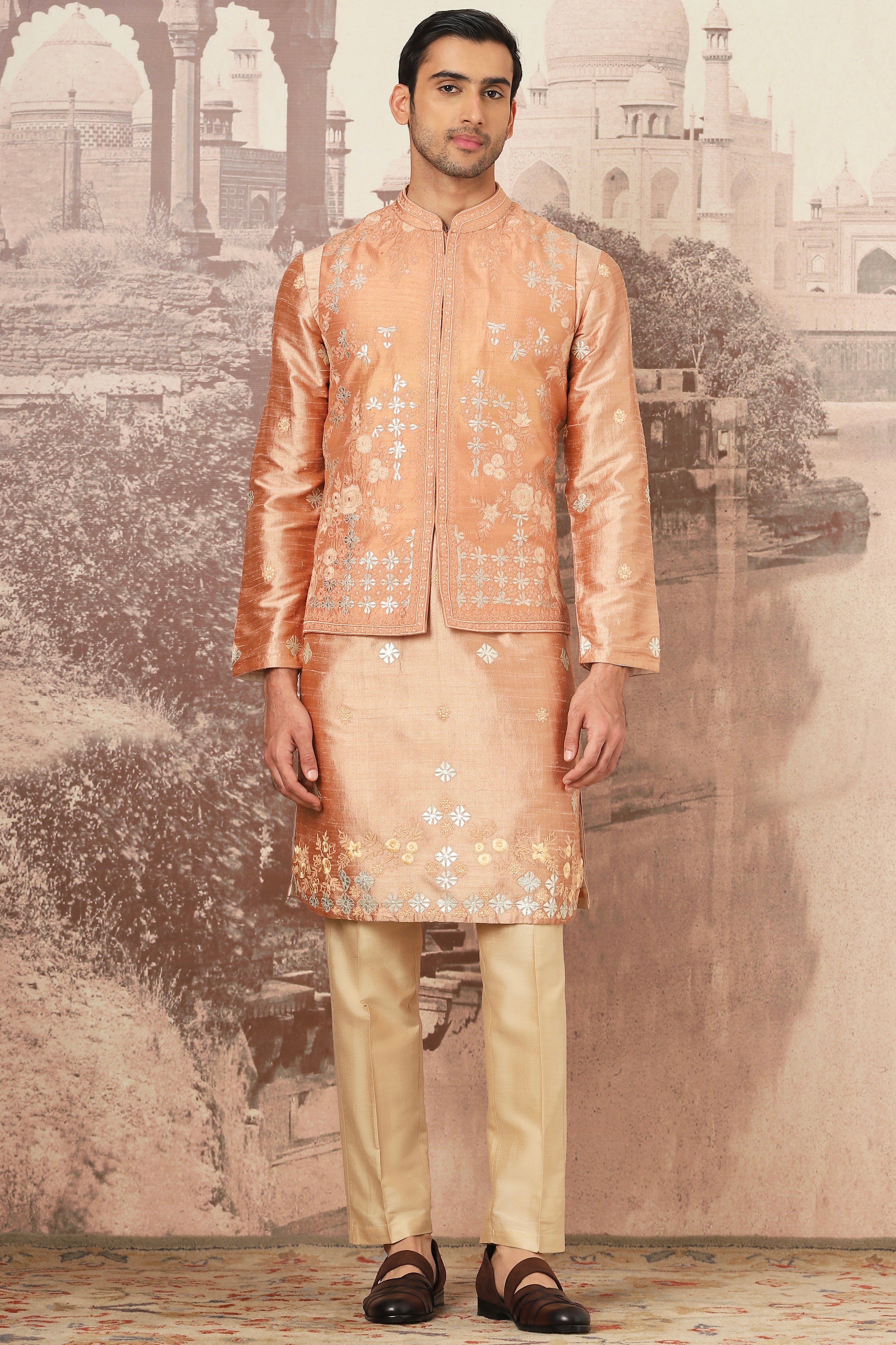Tuscan Gold Embroidered Tussar Silk Bundi Set
