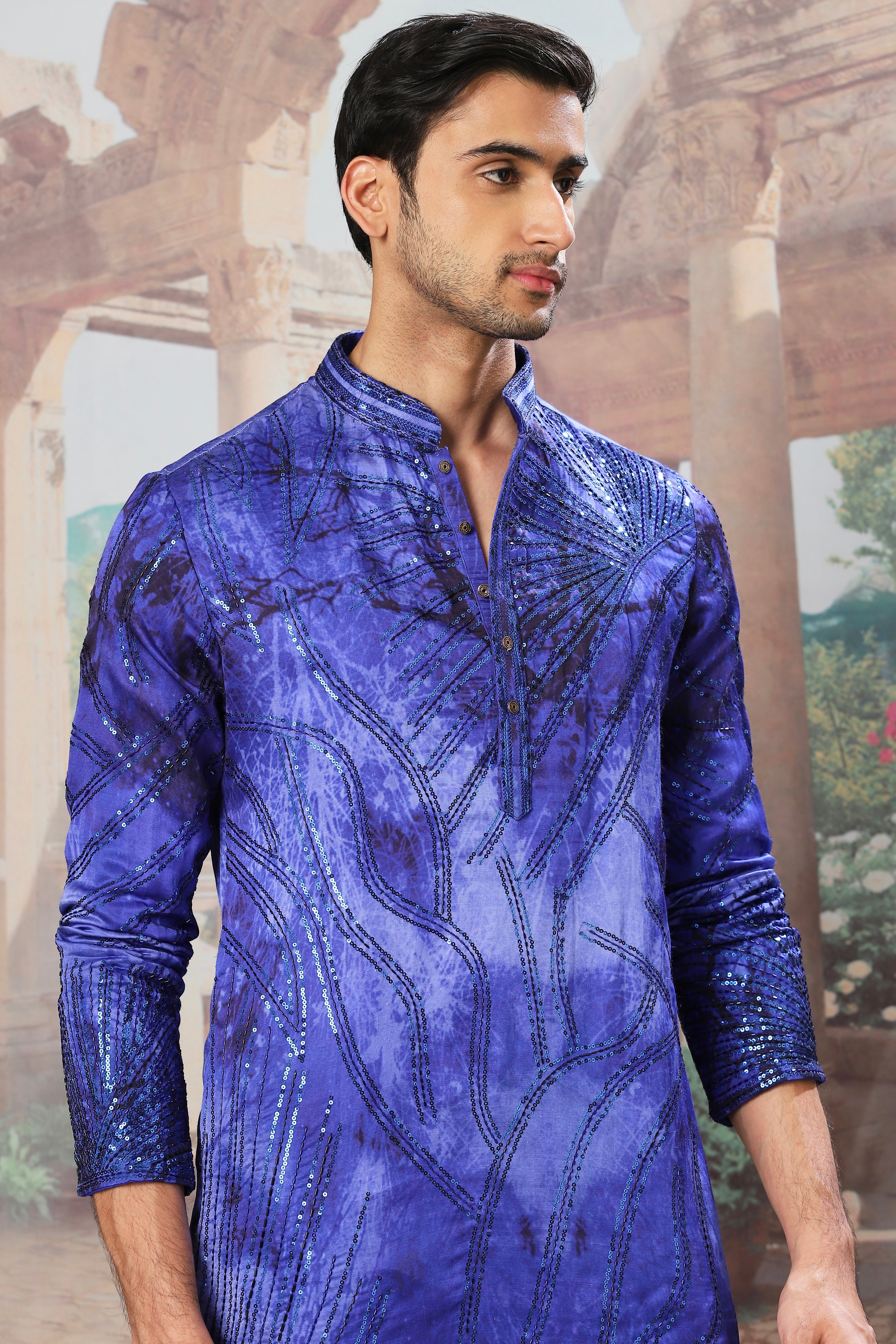 The Indigo Gleam Sequin Embroidered Print Kurta Set