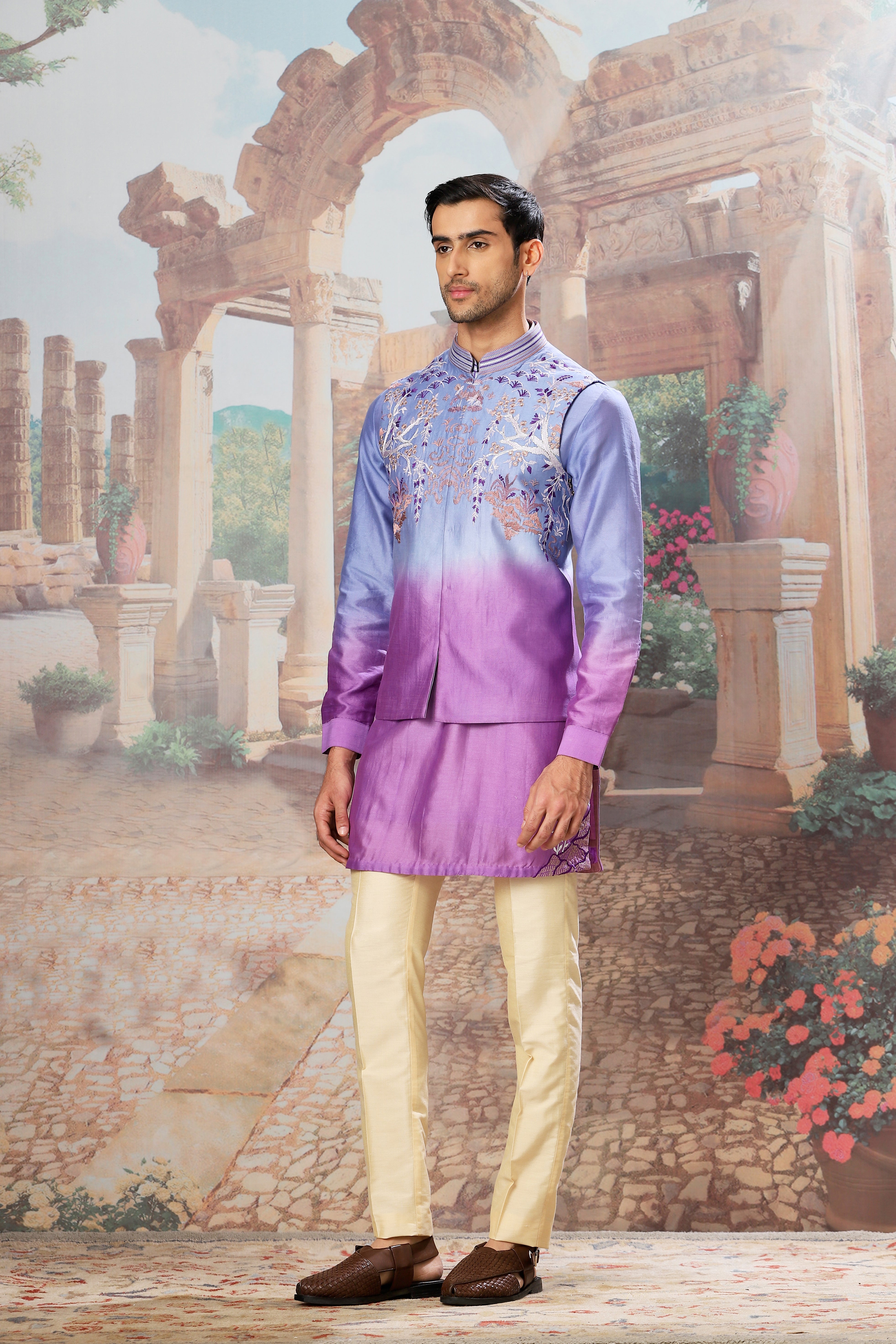 Violet Dusk Ombre Embroidered Kurta Bundi Set
