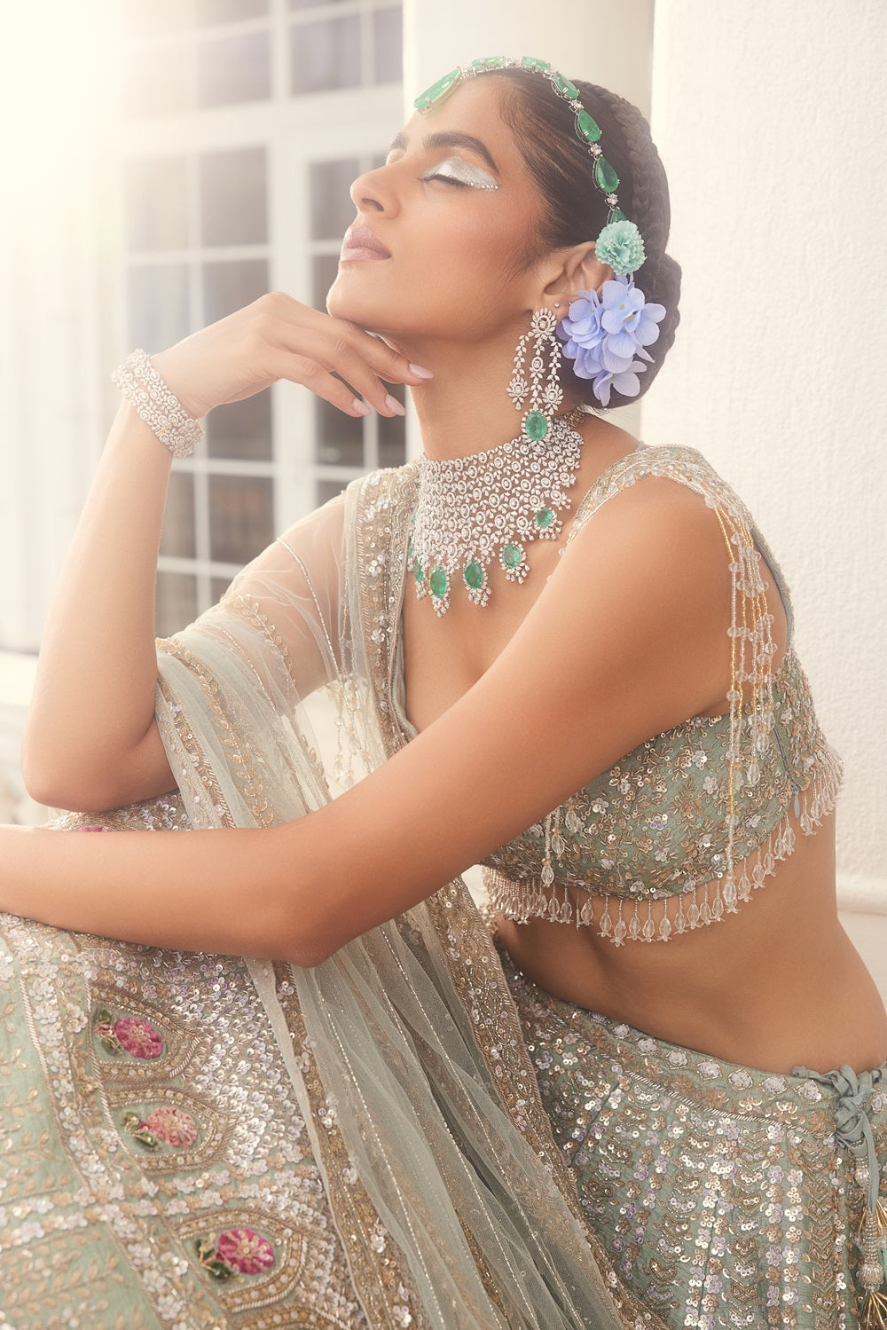 Dusty Firoza embroidered lehenga