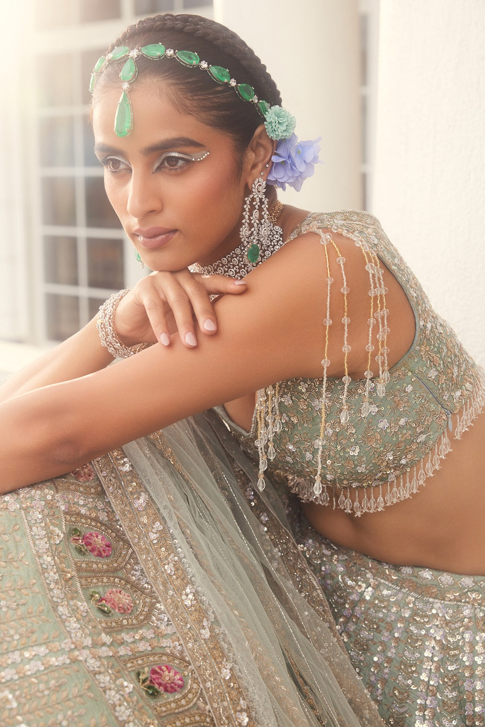 Dusty Firoza embroidered lehenga