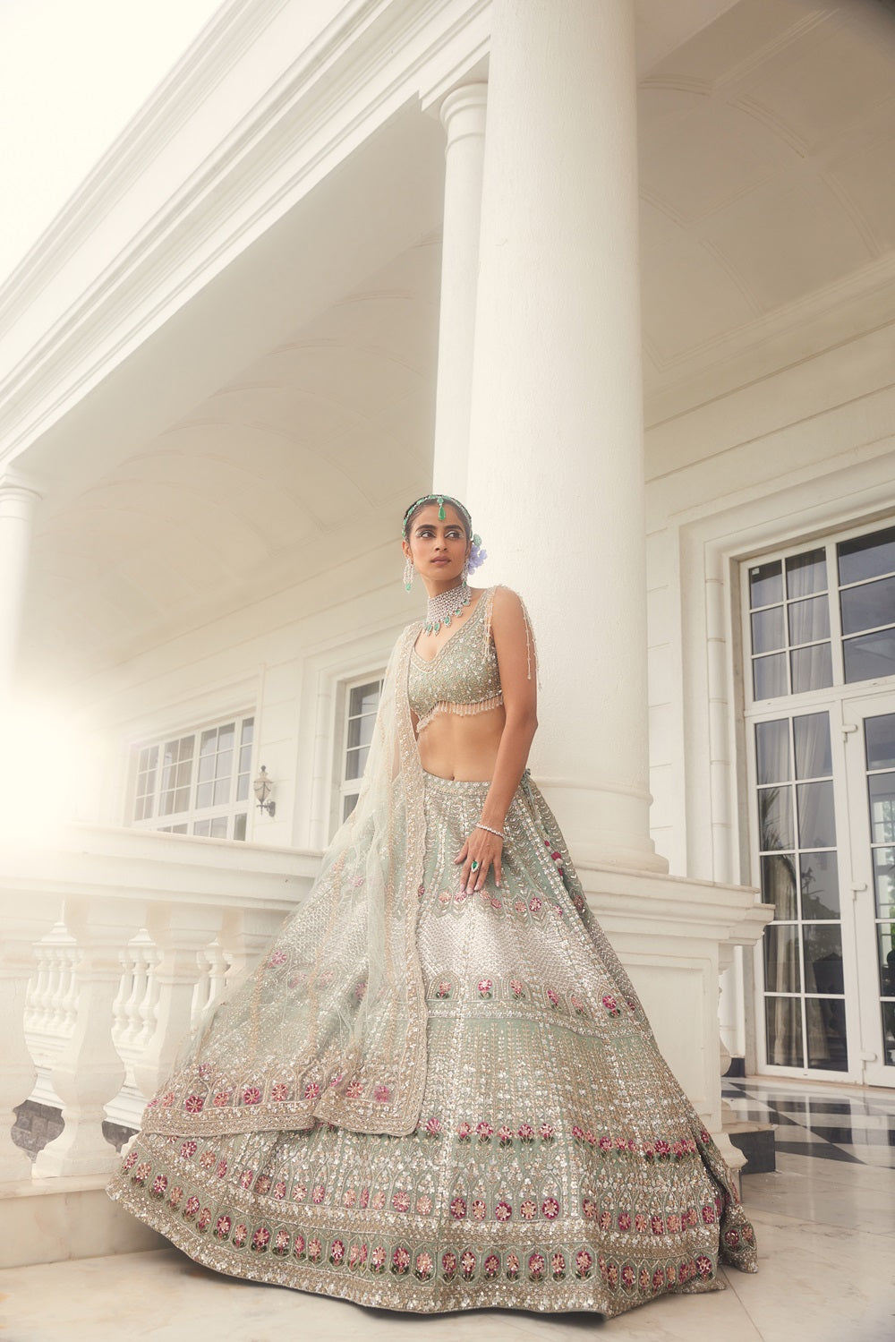 Dusty Firoza embroidered lehenga