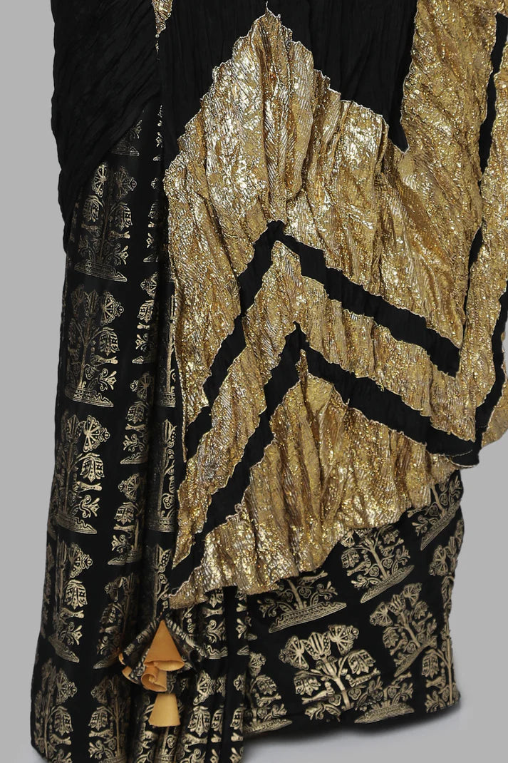Black Bunch Of Birds Crinkle Gota Sari
