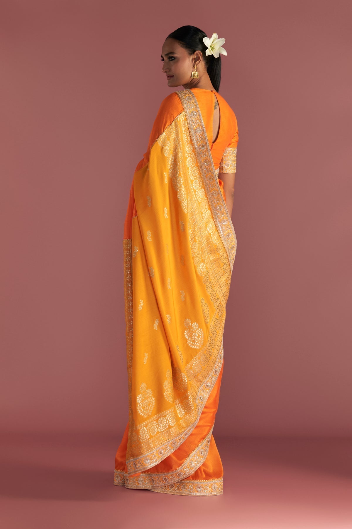 ORANGE COLOUR-BLOCK BROCADE SAREE