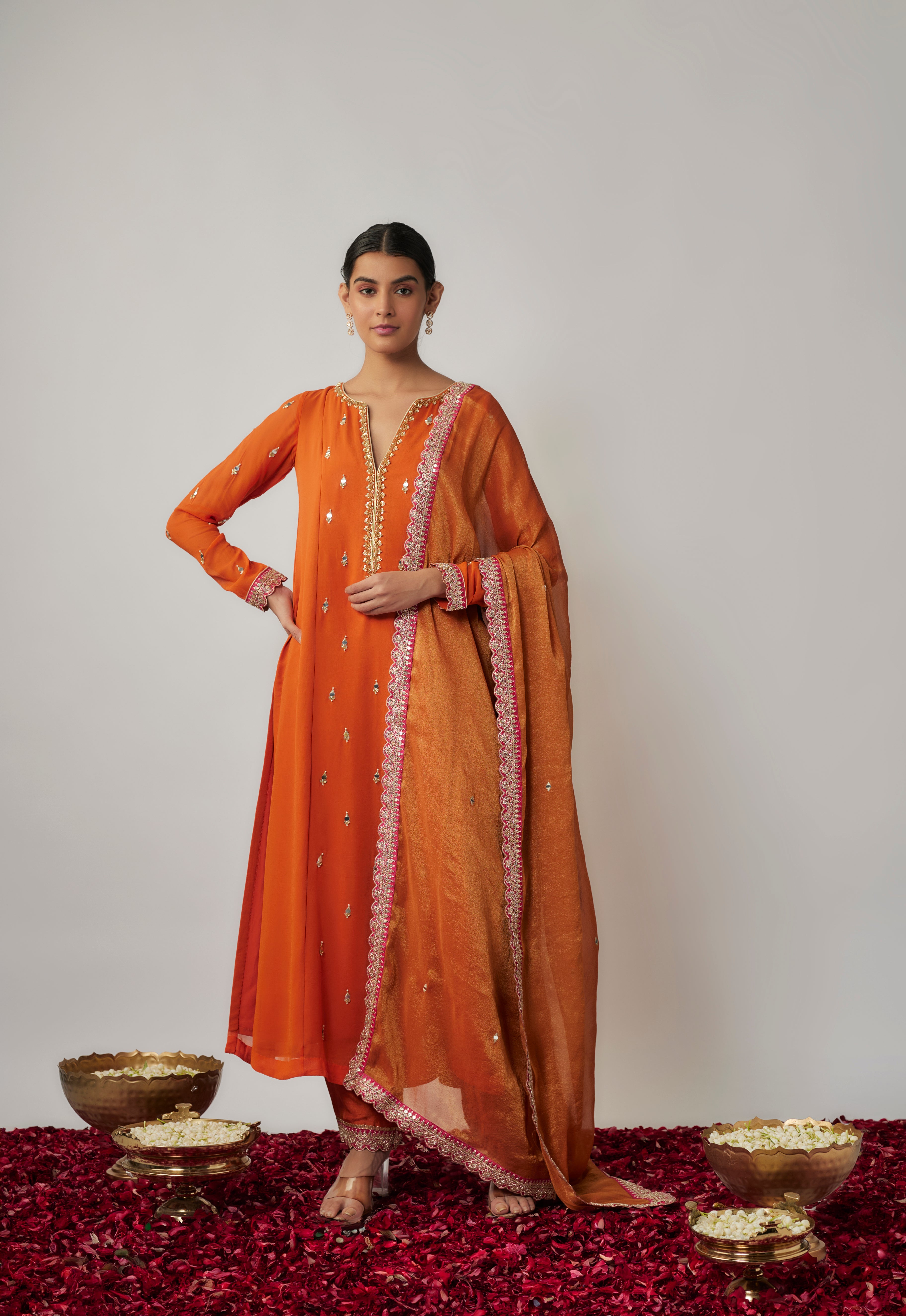 Saffron orange mirror, sequin and thread embroidered georgette suit set