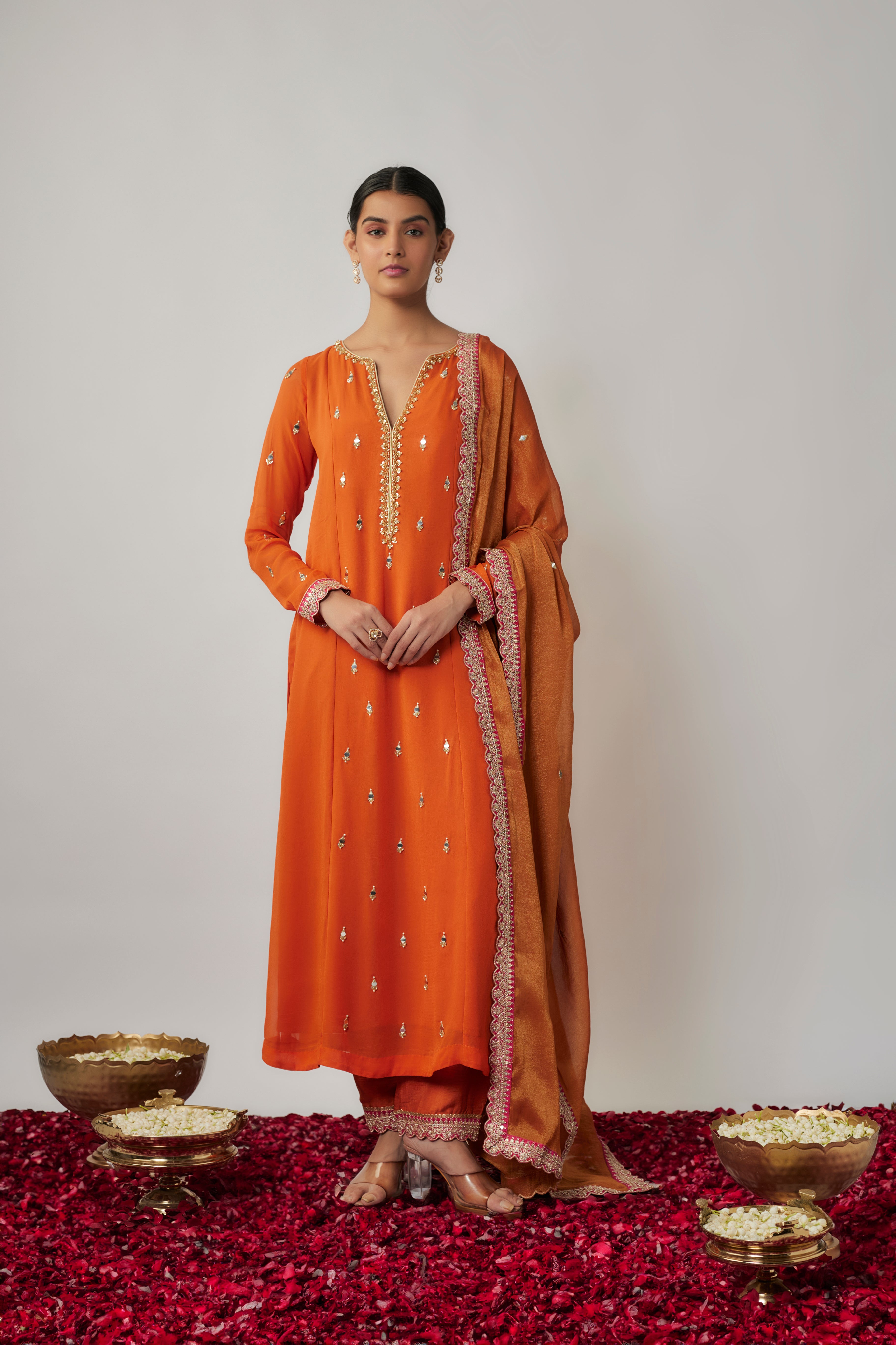 Saffron orange mirror, sequin and thread embroidered georgette suit set