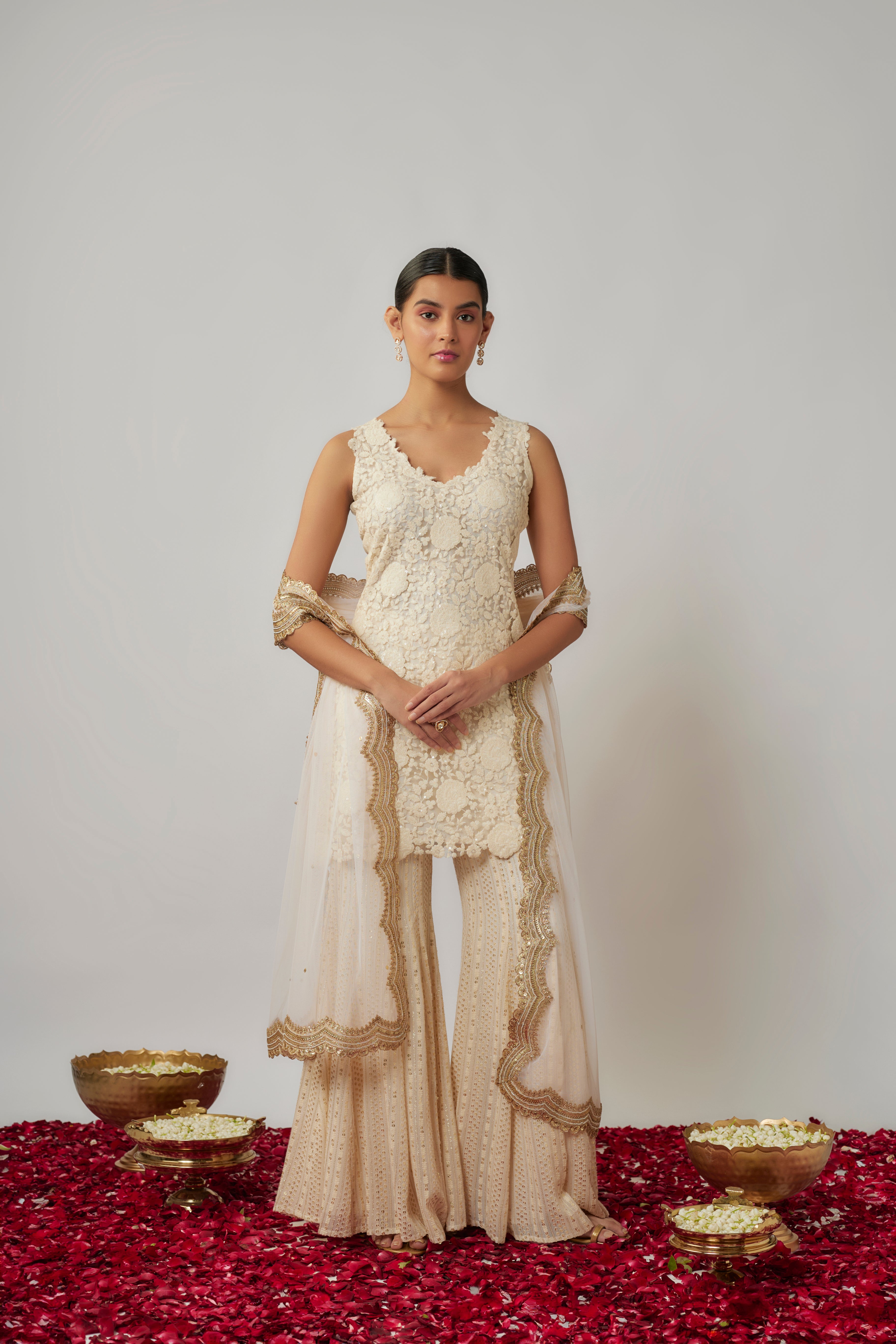 Ivory sequin and thread georgette kurta sharara set