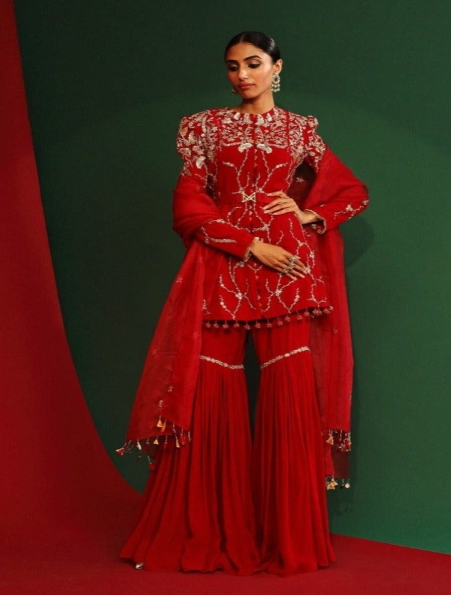 Sindoori red embroidered Gharara set