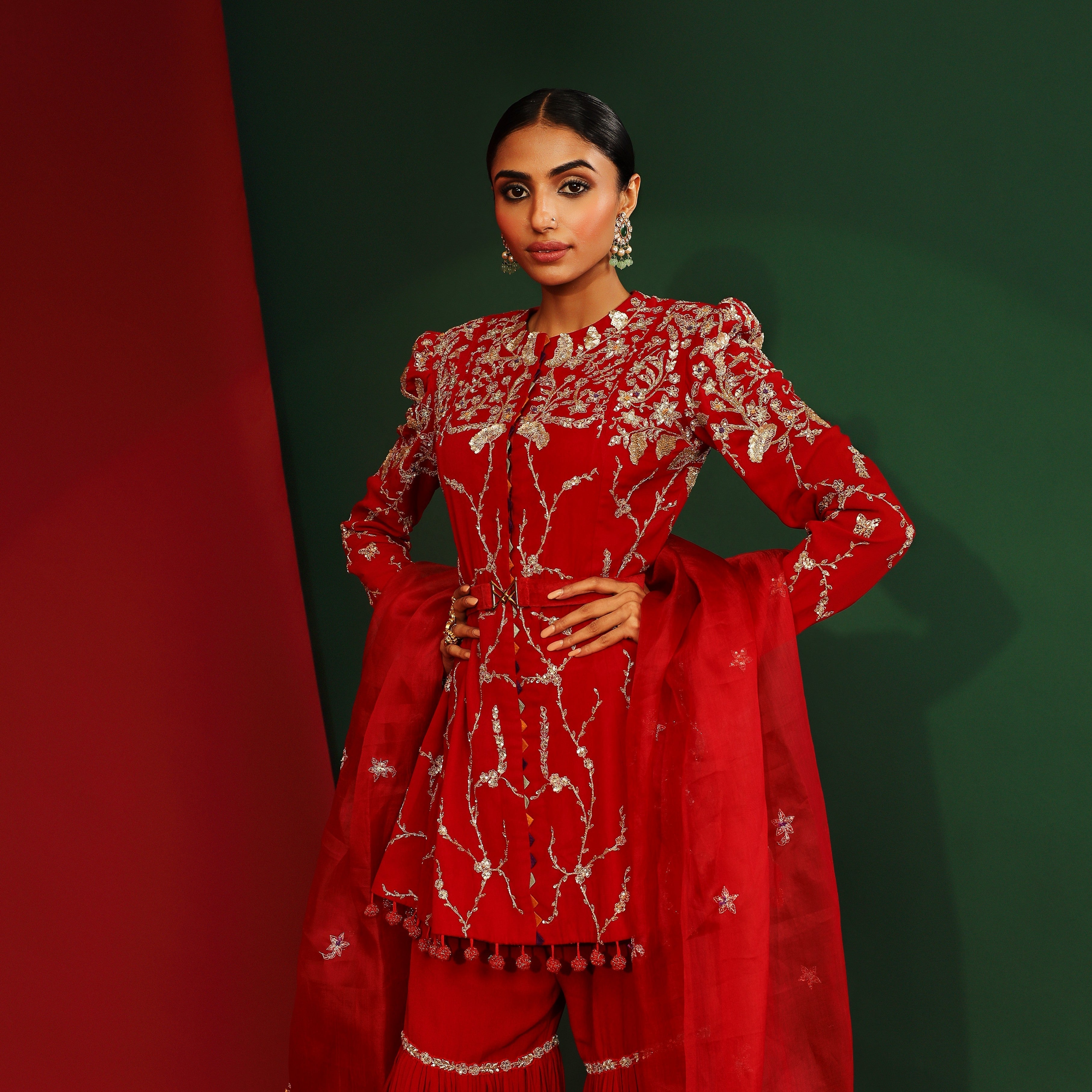 Sindoori red embroidered Gharara set