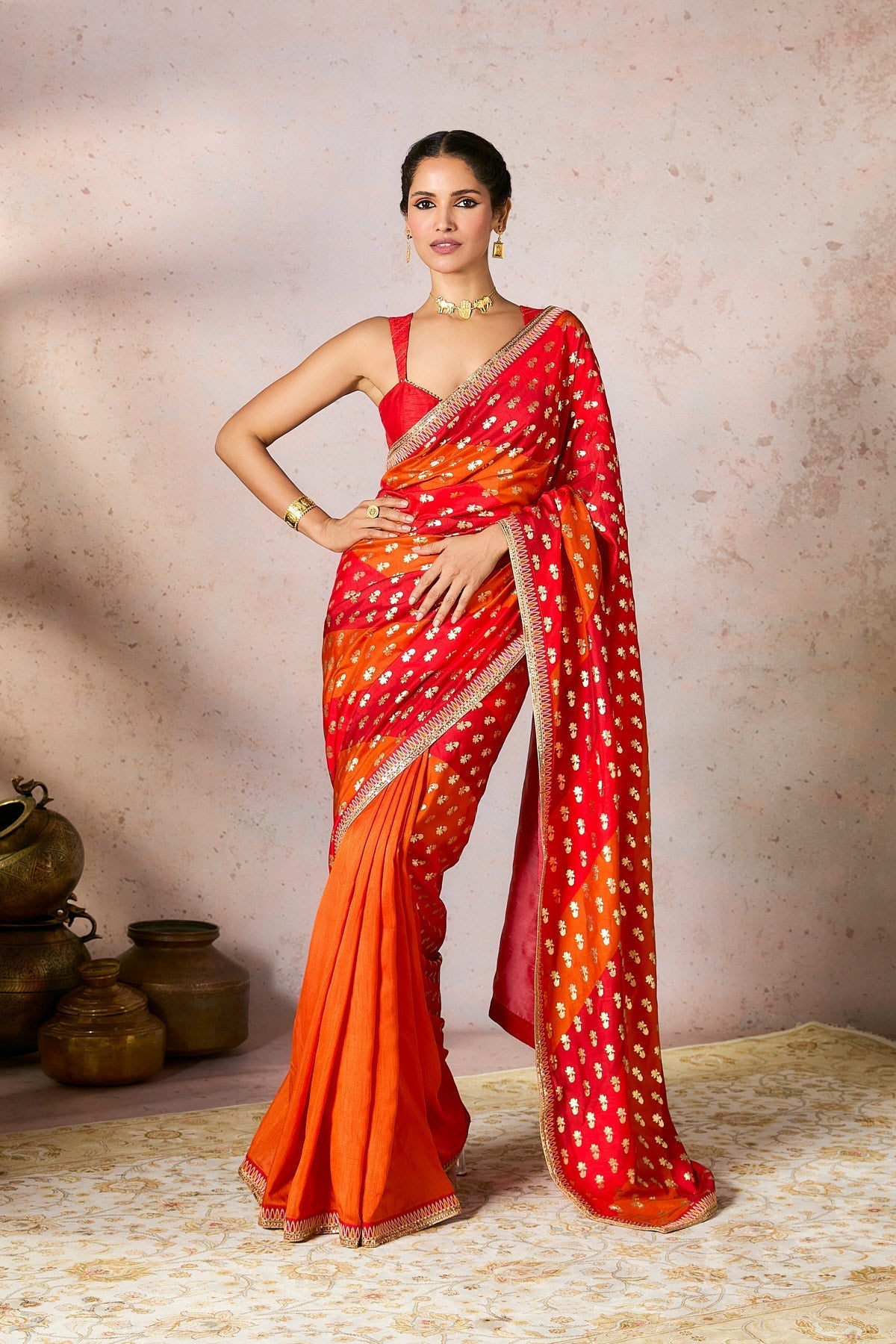 Rust Stripe Foil Saree
