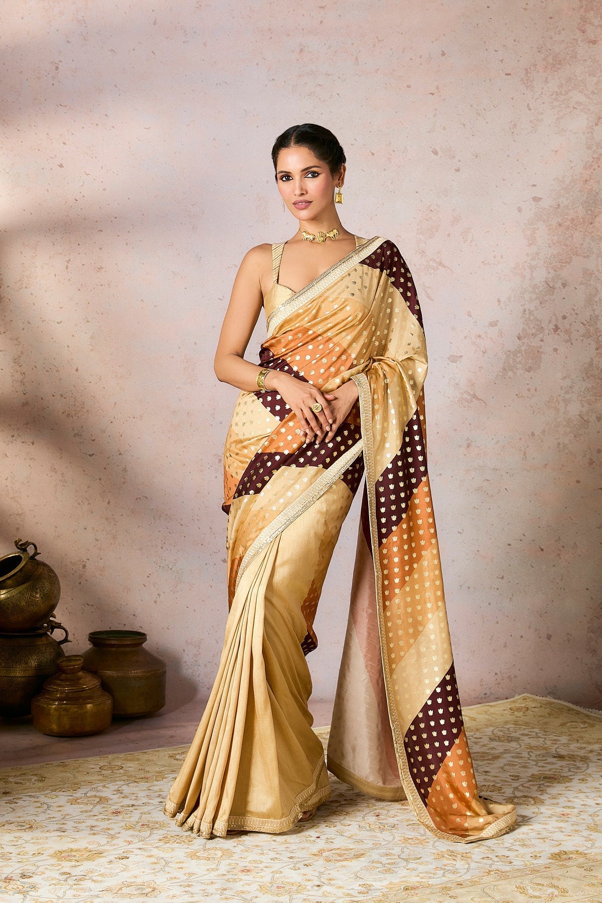 Beige Stripe Foil Saree