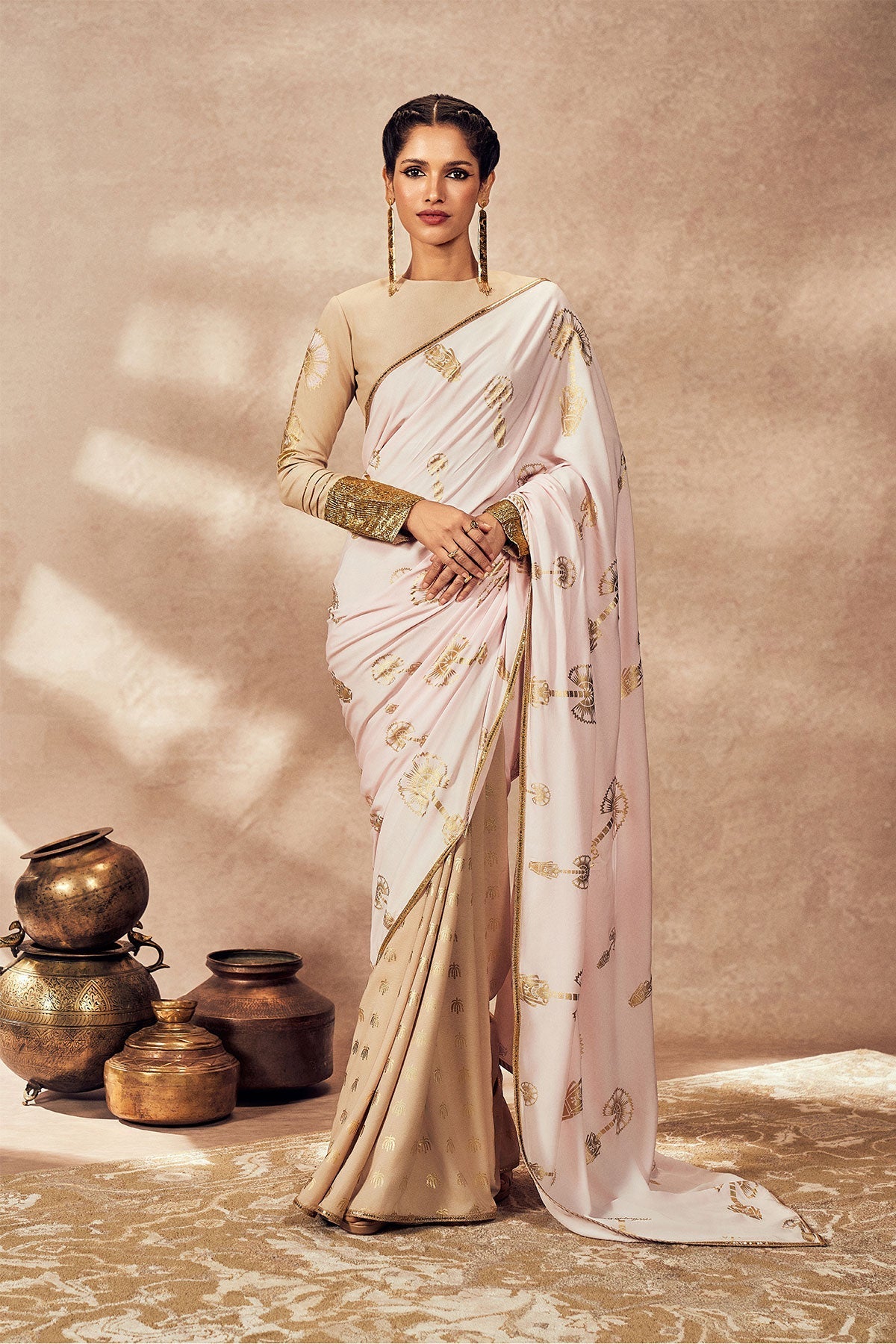 Beige And Pink Traveler's Palm Saree