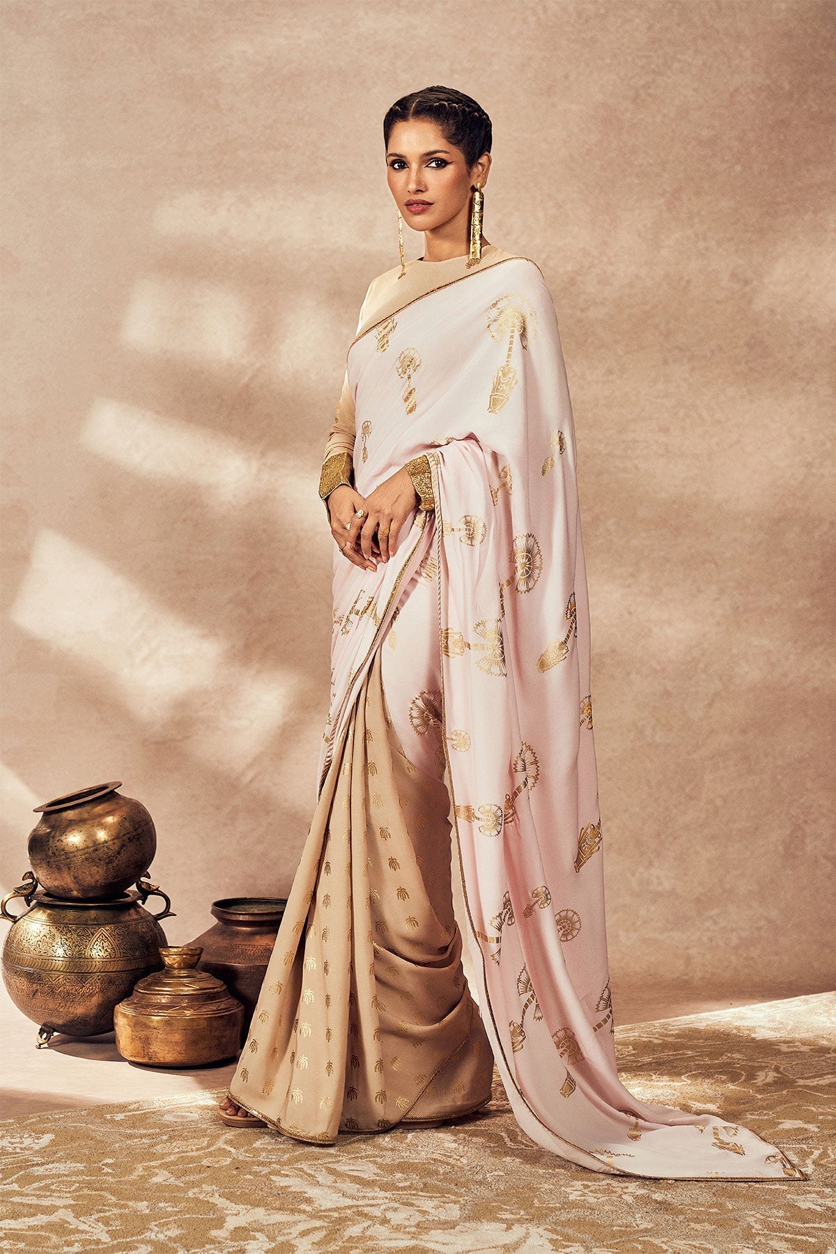 Beige And Pink Traveler's Palm Saree