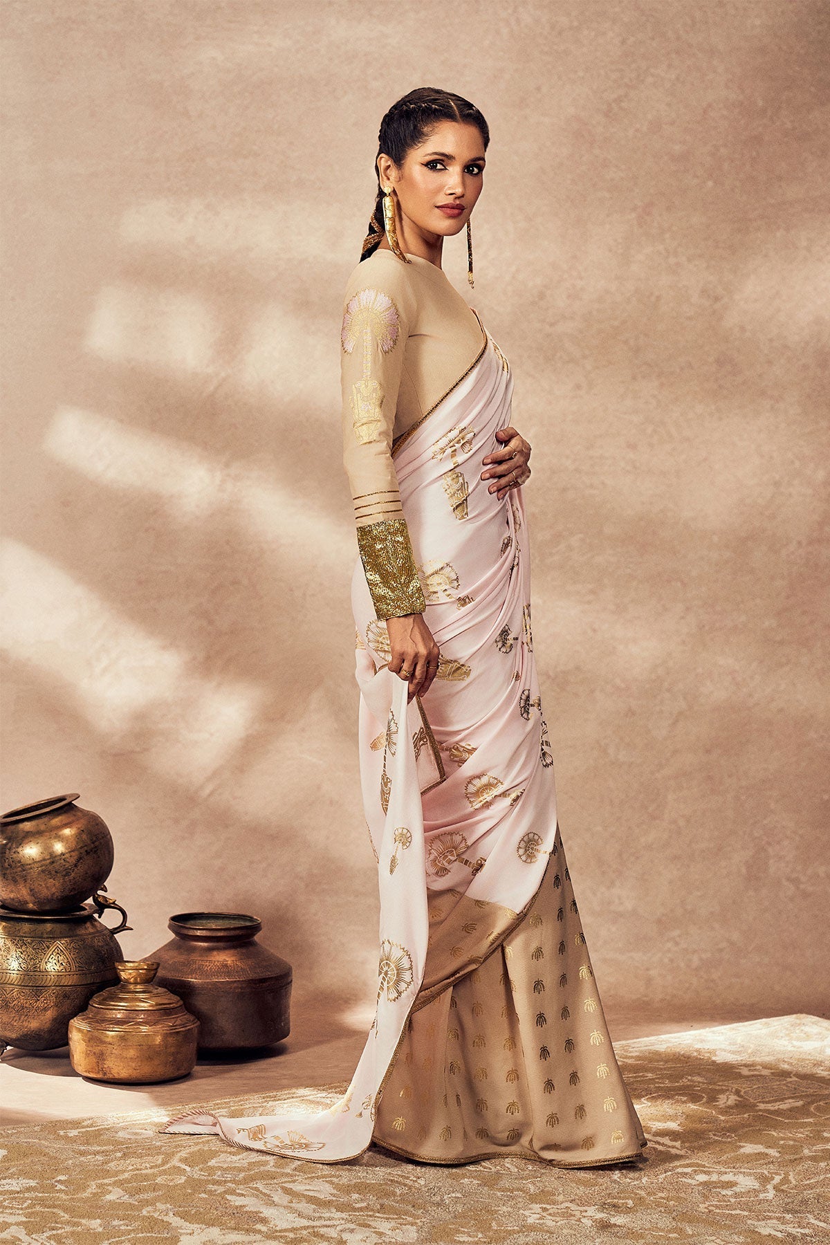 Beige And Pink Traveler's Palm Saree