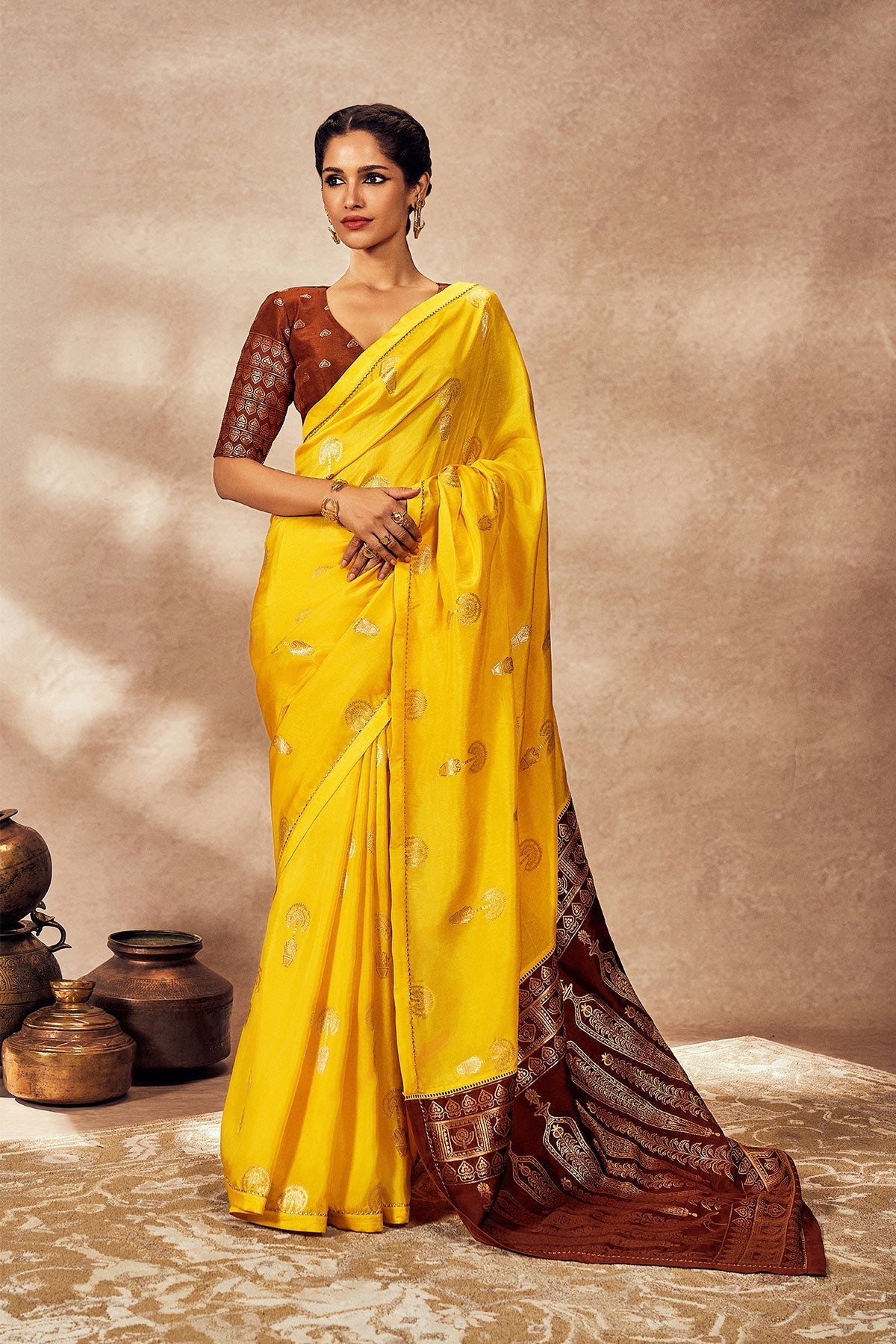 Brown And Yellow Jacquard Saree