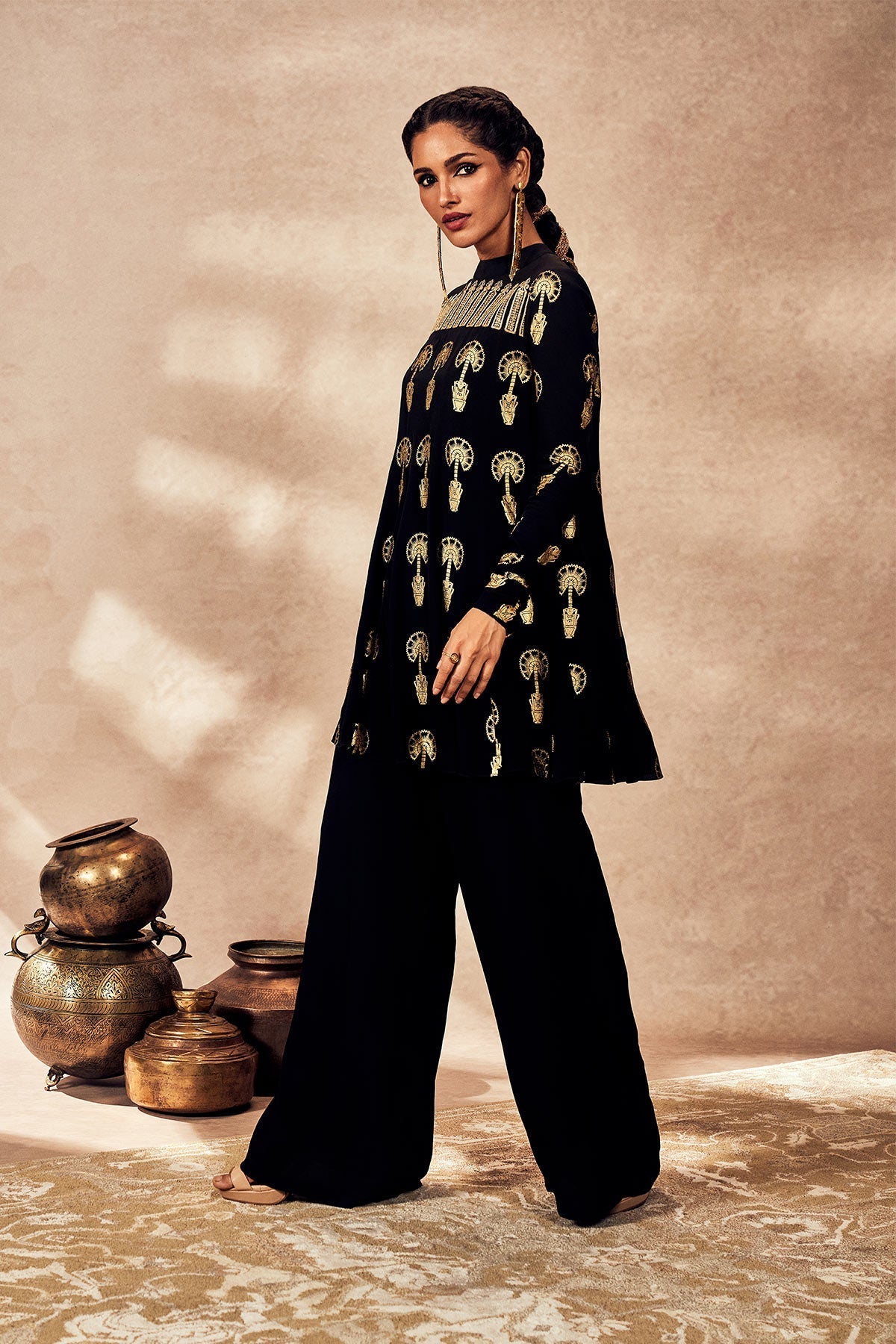 Black Traveler's Palm Tunic Set