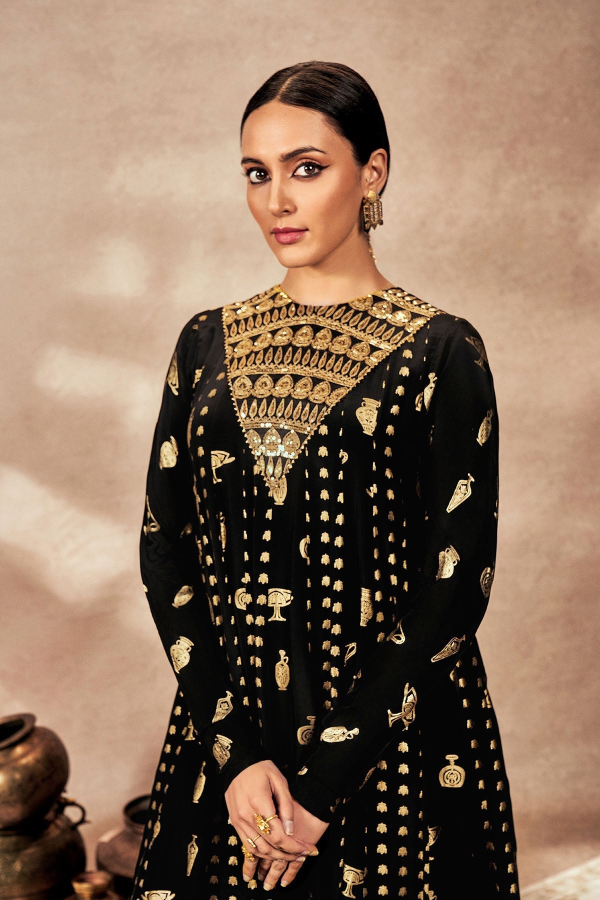 Black Gold Potters Touch Anarkali Set