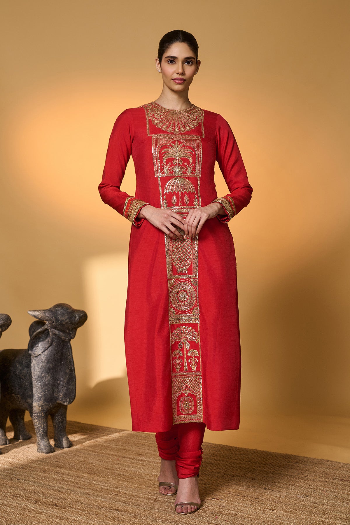 Red Khidki Kurta Set