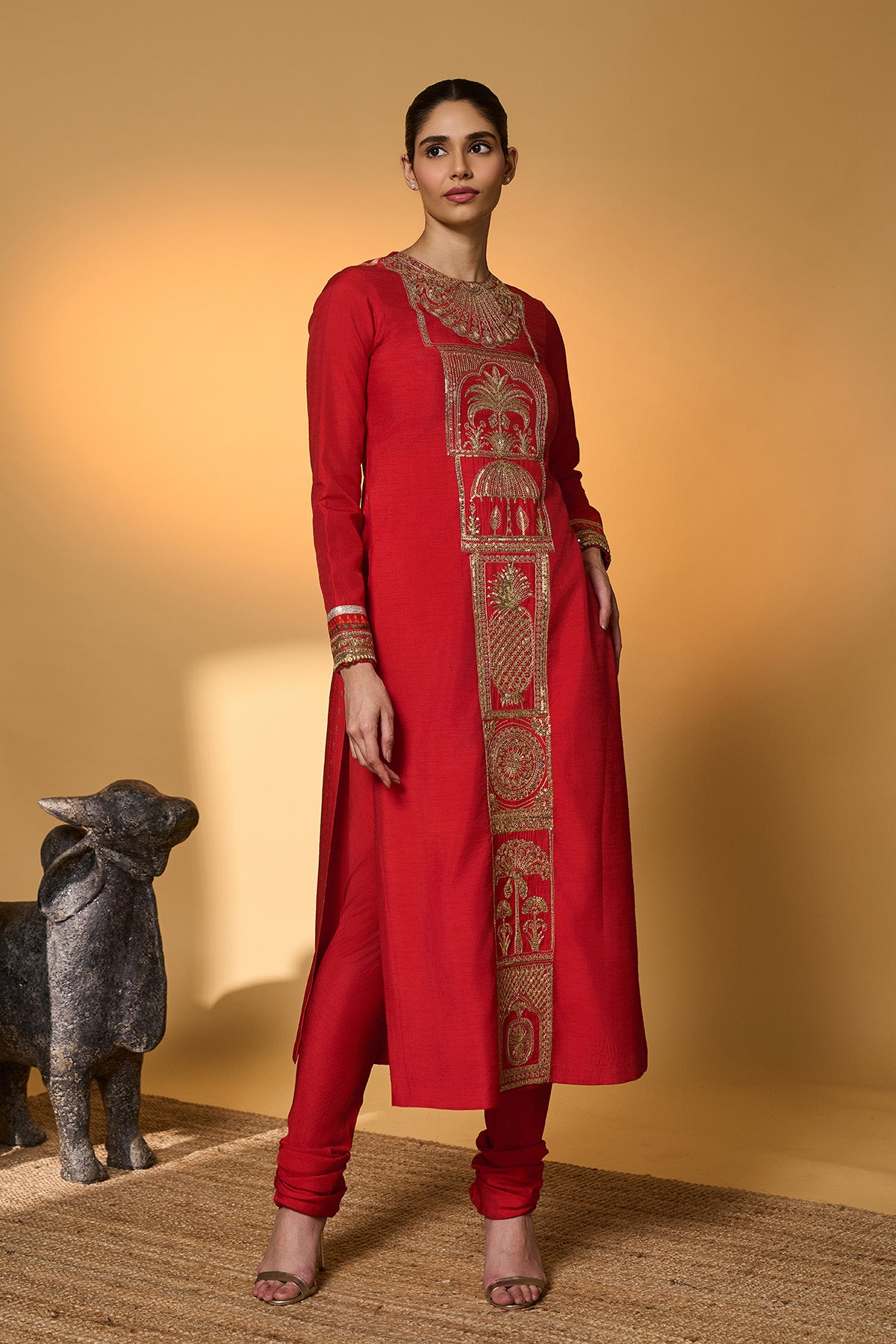 Red Khidki Kurta Set