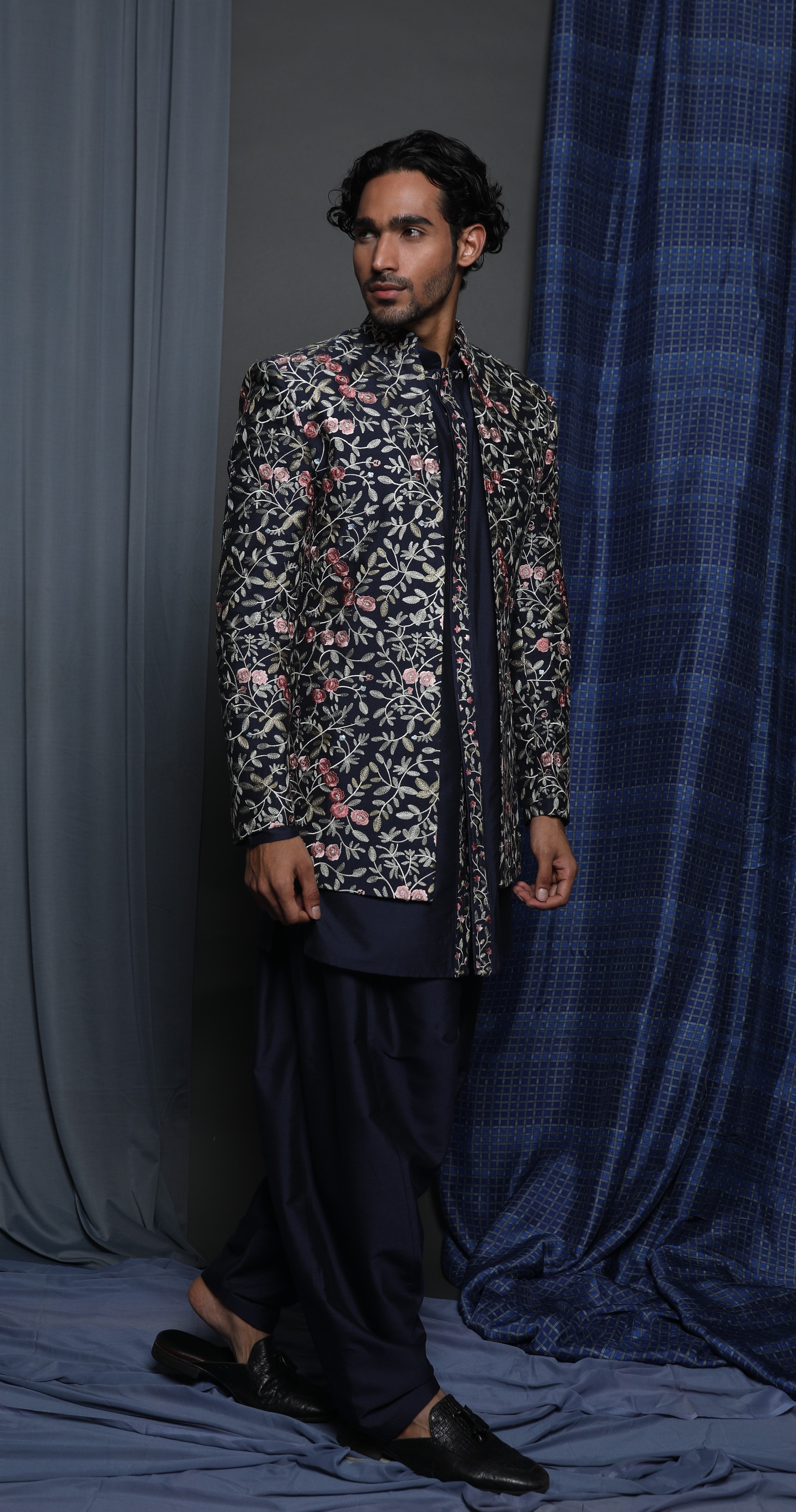 Navy all over emb open sherwani