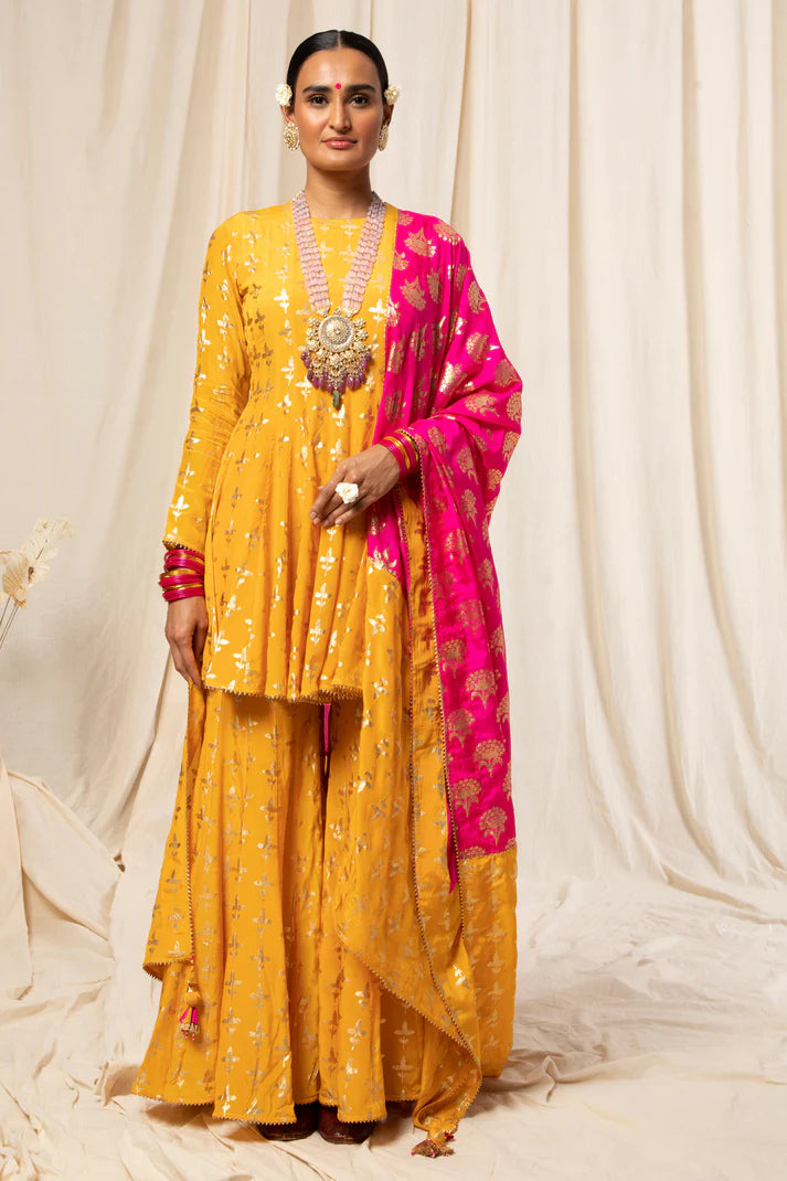 Yellow Triangular Flower Sharara Set