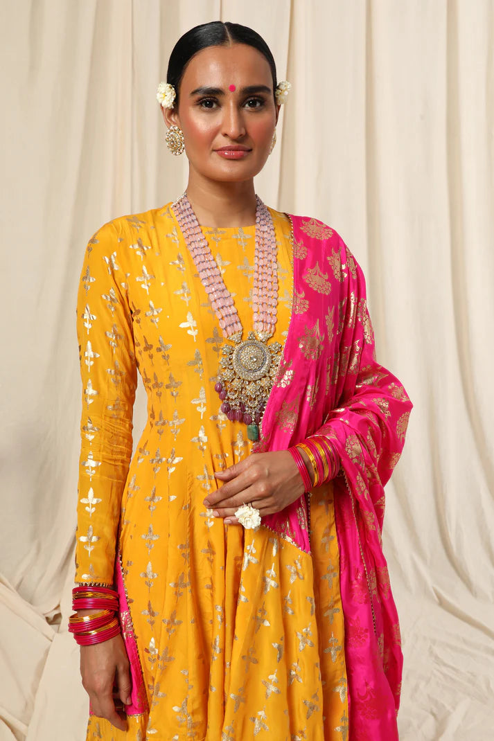 Yellow Triangular Flower Sharara Set